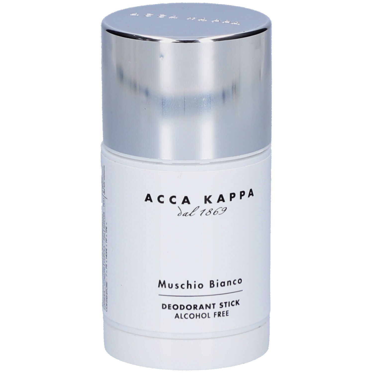 Déodorant stick blanc avec bouchon argenté. Inscription: Acca Kappa, Muschio Bianco, Deodorant Stick, Alcohol Free.