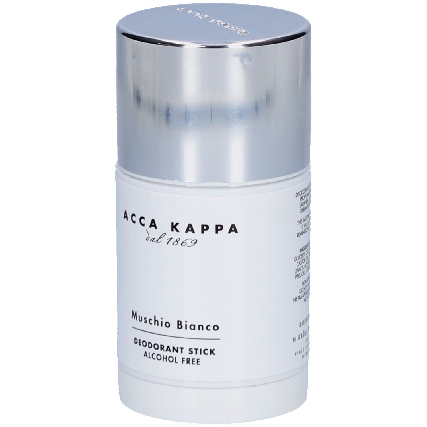 Déodorant stick blanc avec bouchon argenté. Inscription: Acca Kappa, Muschio Bianco, Deodorant Stick, Alcohol Free.