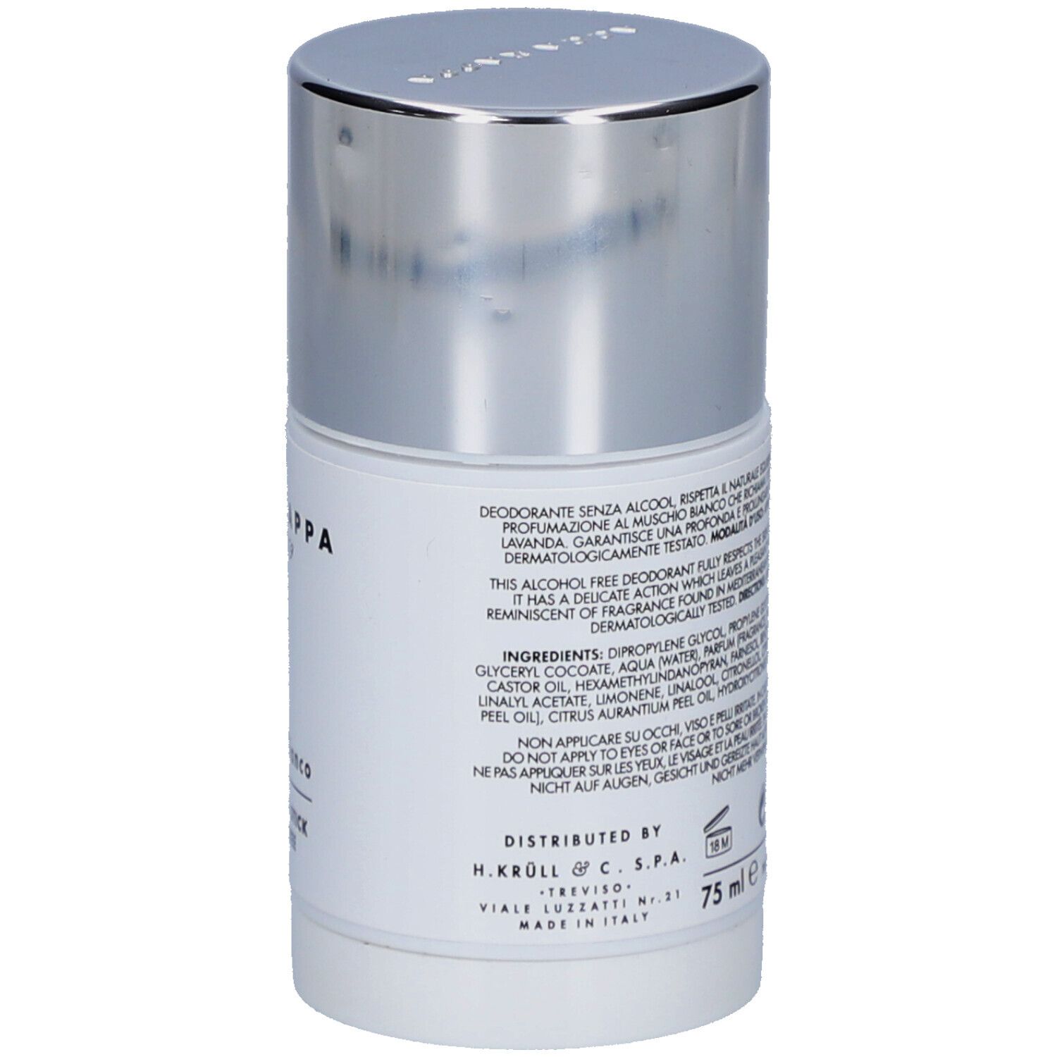 Dos du déodorant stick blanc. Texte: Acca Kappa, ingrédients, 75 ml, avertissements, symbole 18M.
