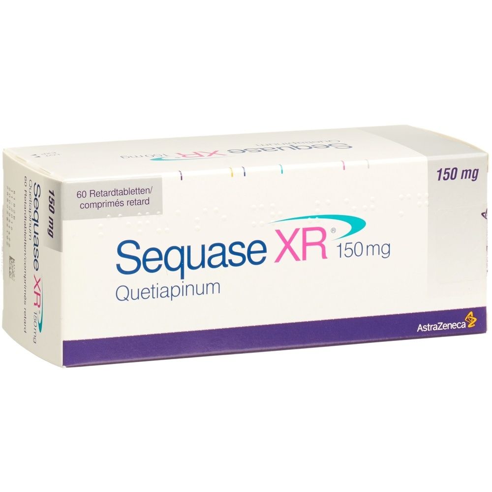 Kartonverpackung mit der Aufschrift "Sequase XR Ret Tabl". Die Verpackung ist weiß mit blauen und grünen Akzenten.