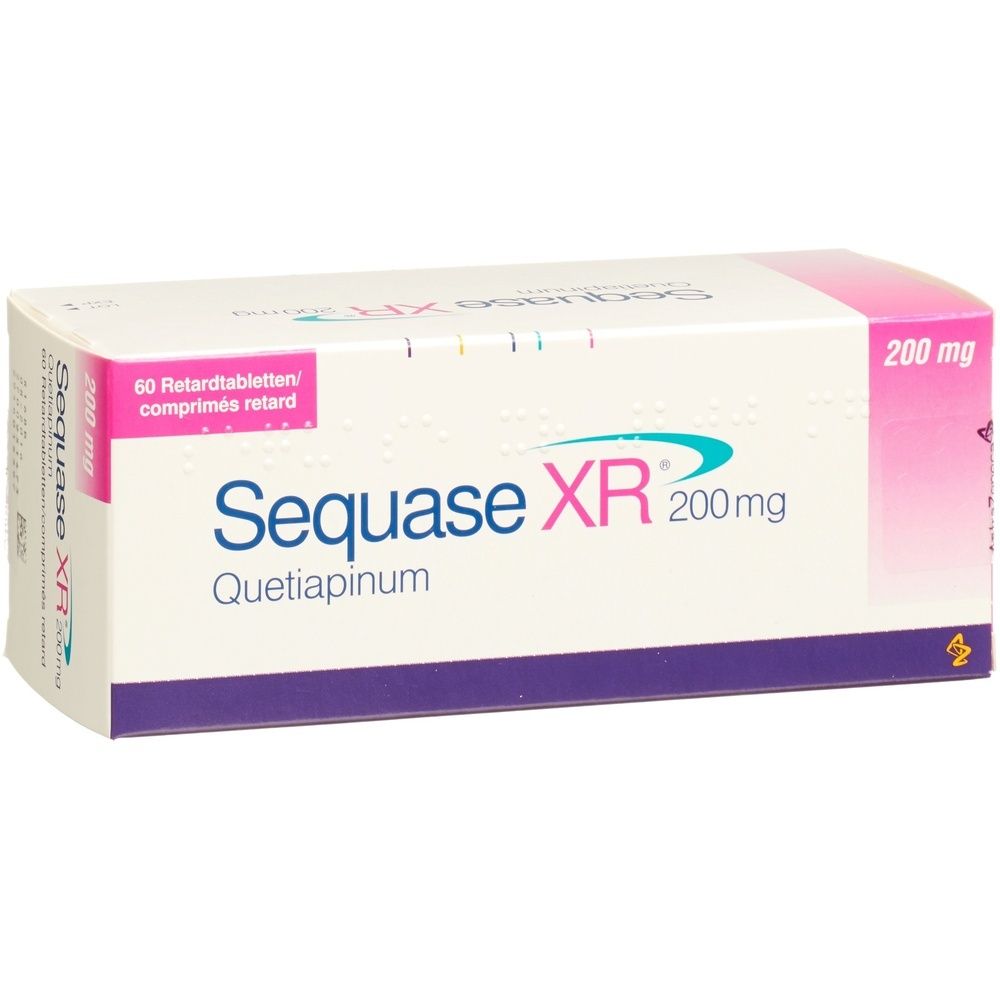 Kartonverpackung mit Produktnamen Sequase XR. Weiß, mit rosa und lila Akzenten. Text: 200 mg, 60 Stk.