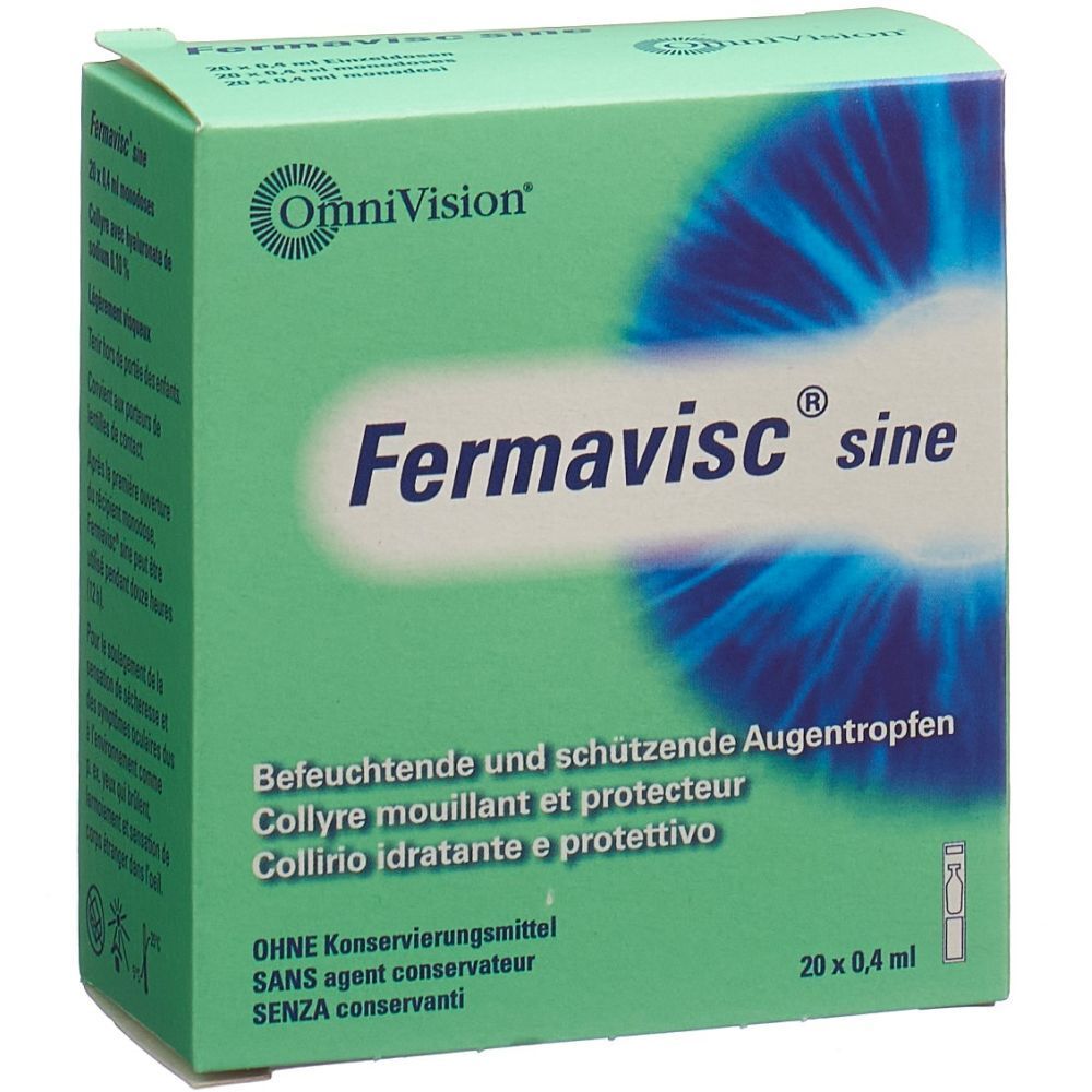 Grüne Schachtel mit "Fermavisc sine"-Logo. Text: Befeuchtende Augentropfen. OmniVision-Logo. 20 x 0,4 ml.
