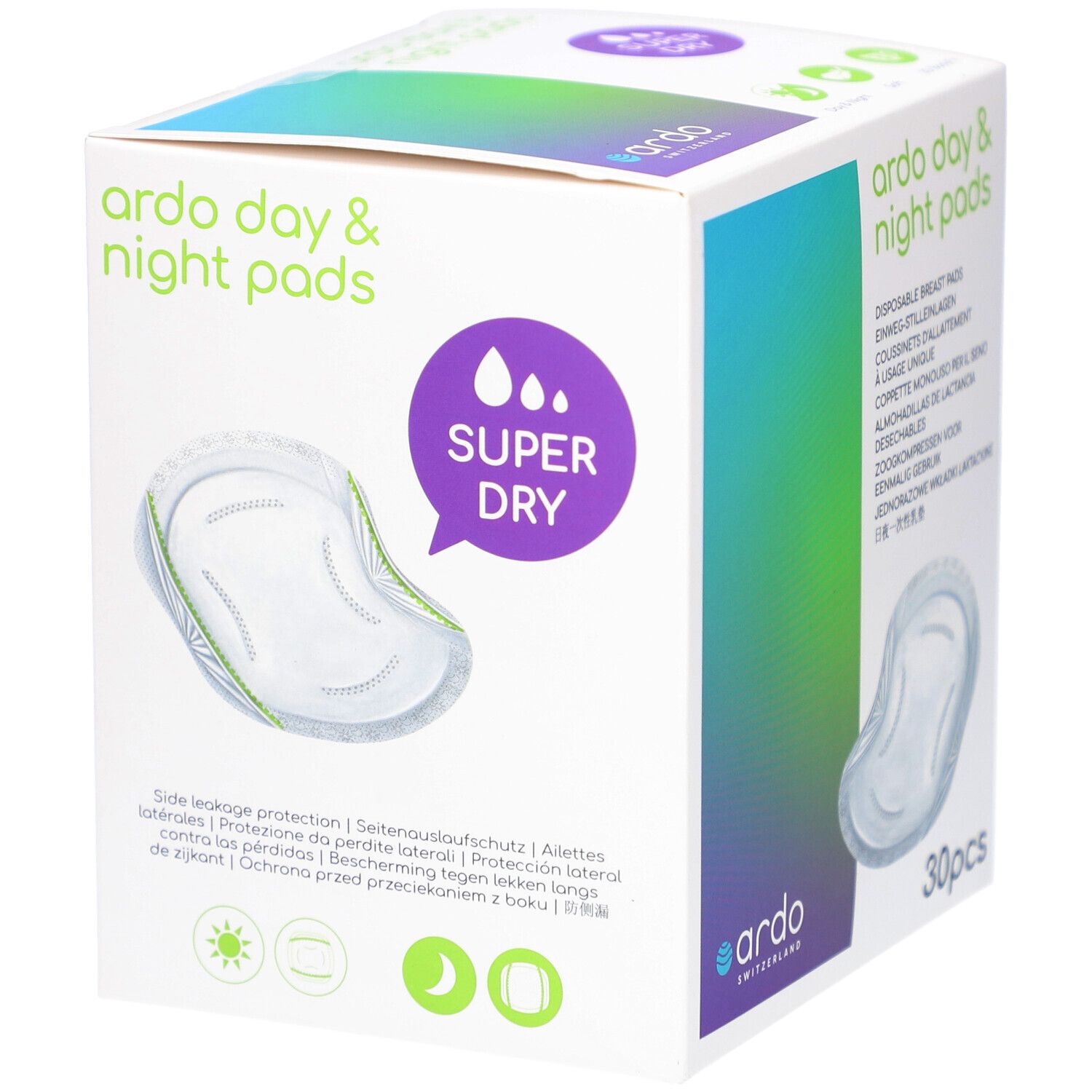 Verpackung Ardo Day & Night Pads. Aufdruck: Super Dry. Produktabbildung und seitlicher Auslaufschutz.