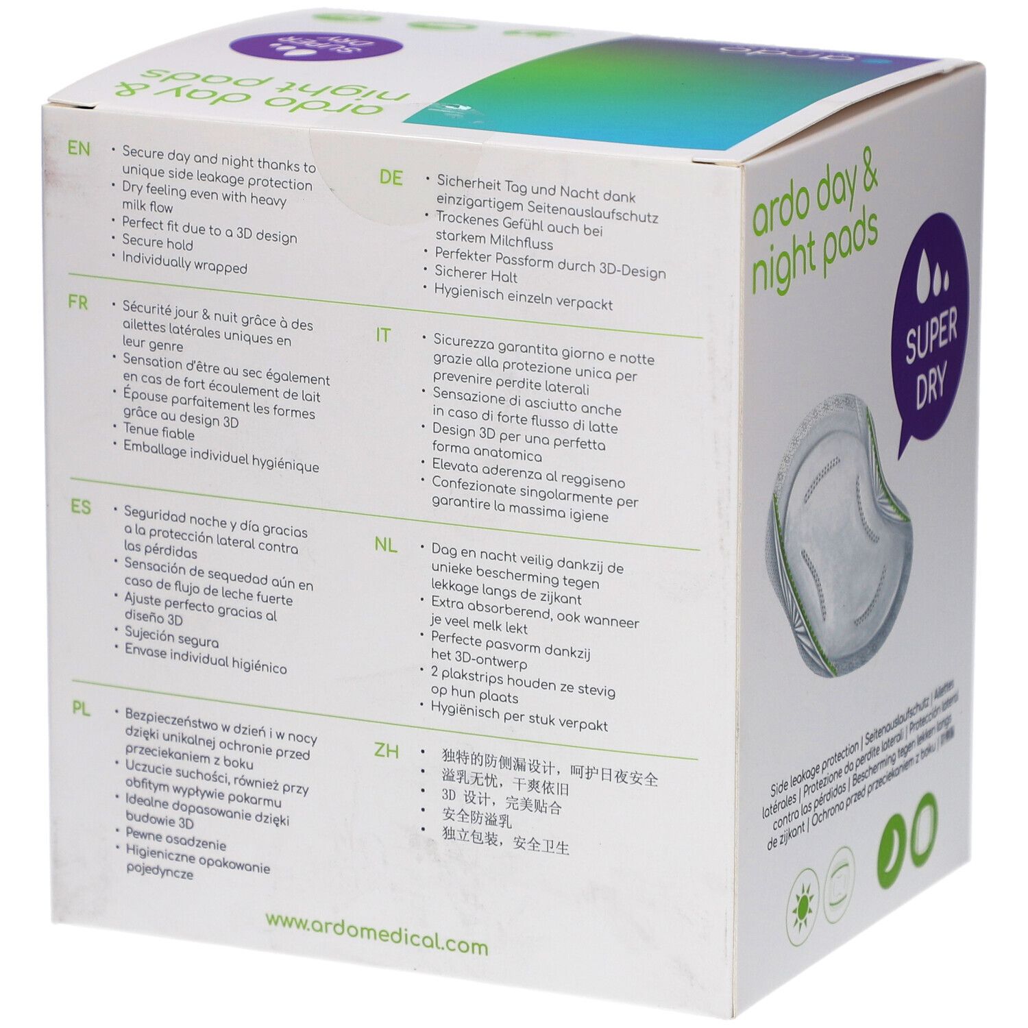 Rückseite der Verpackung Ardo Day & Night Pads. Text in mehreren Sprachen. Illustrationen zur Anwendung.