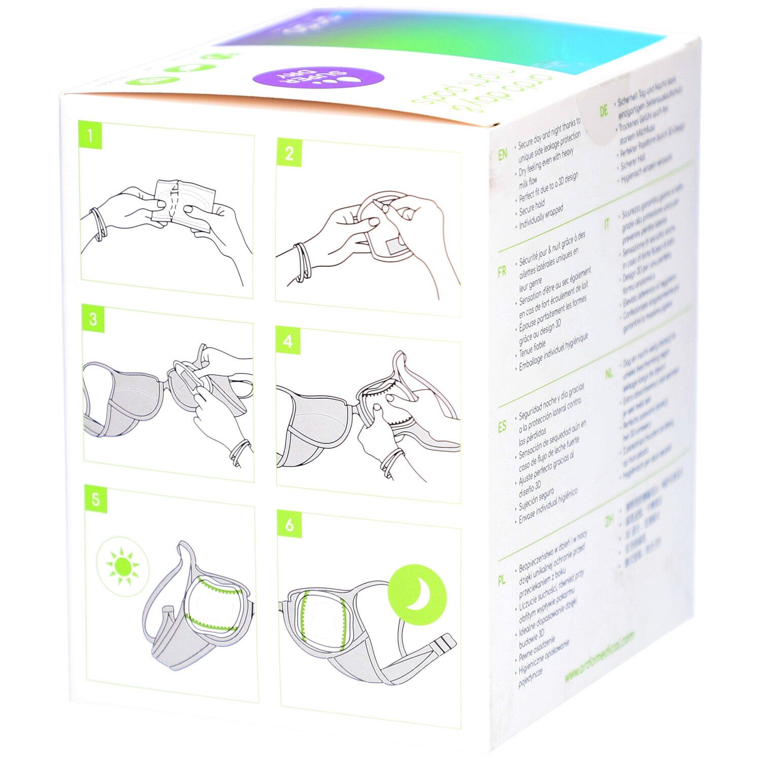 Rückseite der Verpackung Ardo Day & Night Pads. Illustrationen zur Anwendung der Pads.