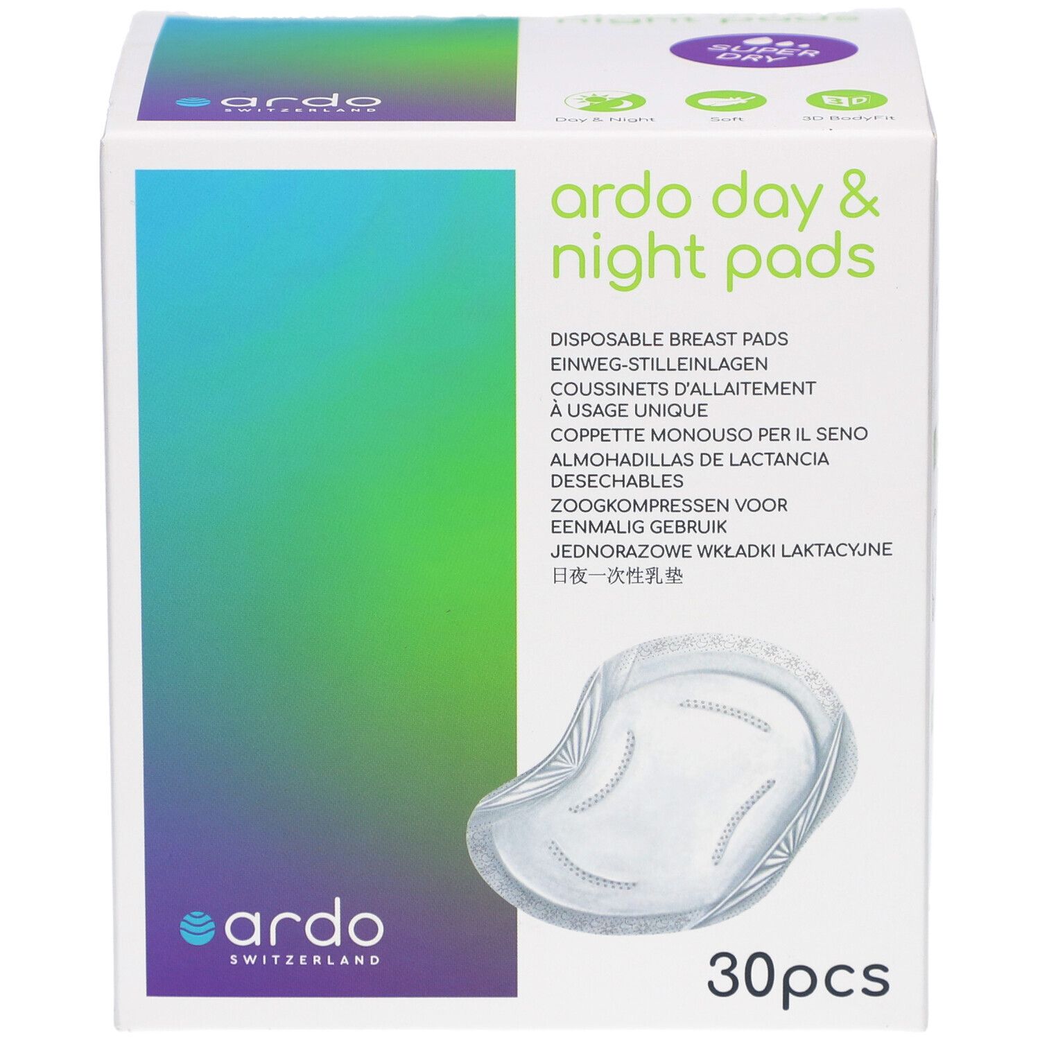 Verpackung Ardo Day & Night Pads. Aufdruck: 30 Stück. Produktabbildung. Logo Ardo Switzerland.