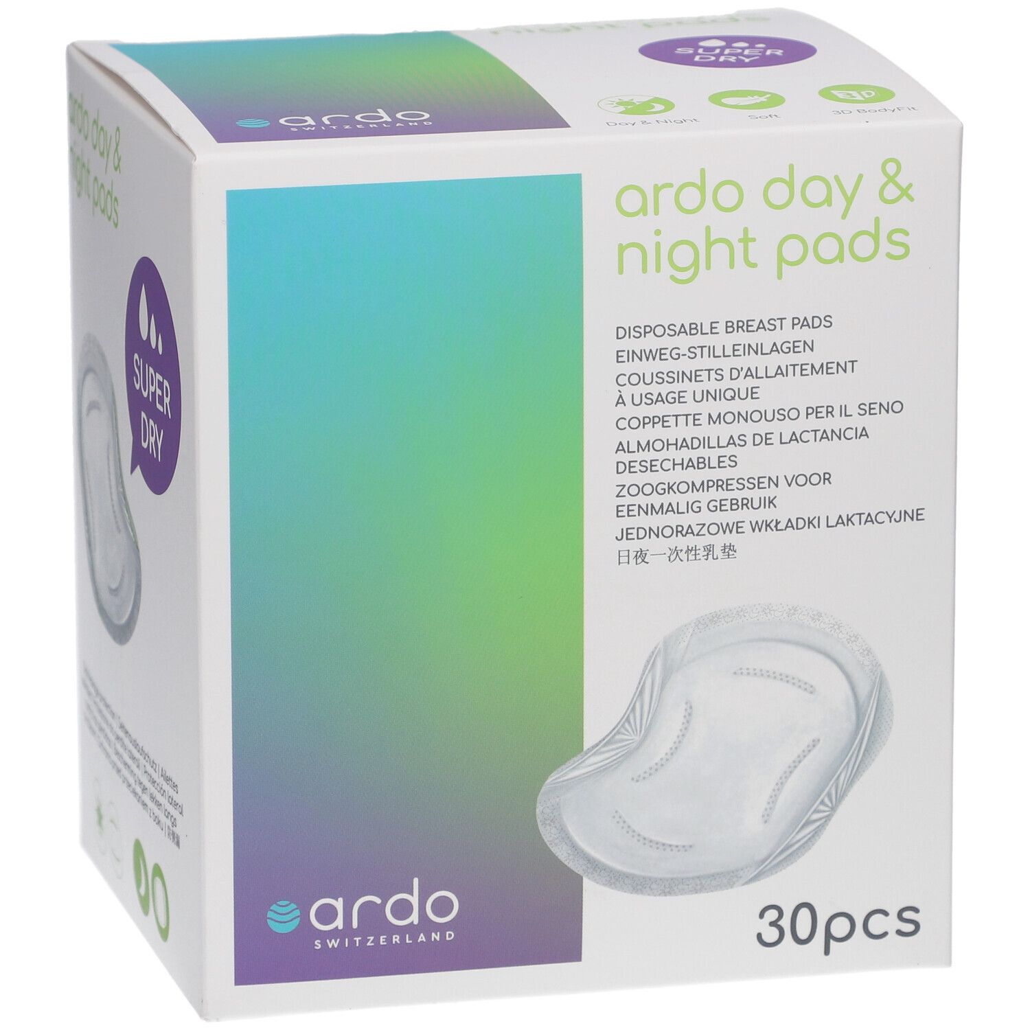 Verpackung Ardo Day & Night Pads. Aufdruck: Super Dry und 30 Stück. Produktabbildung. Logo Ardo Switzerland.