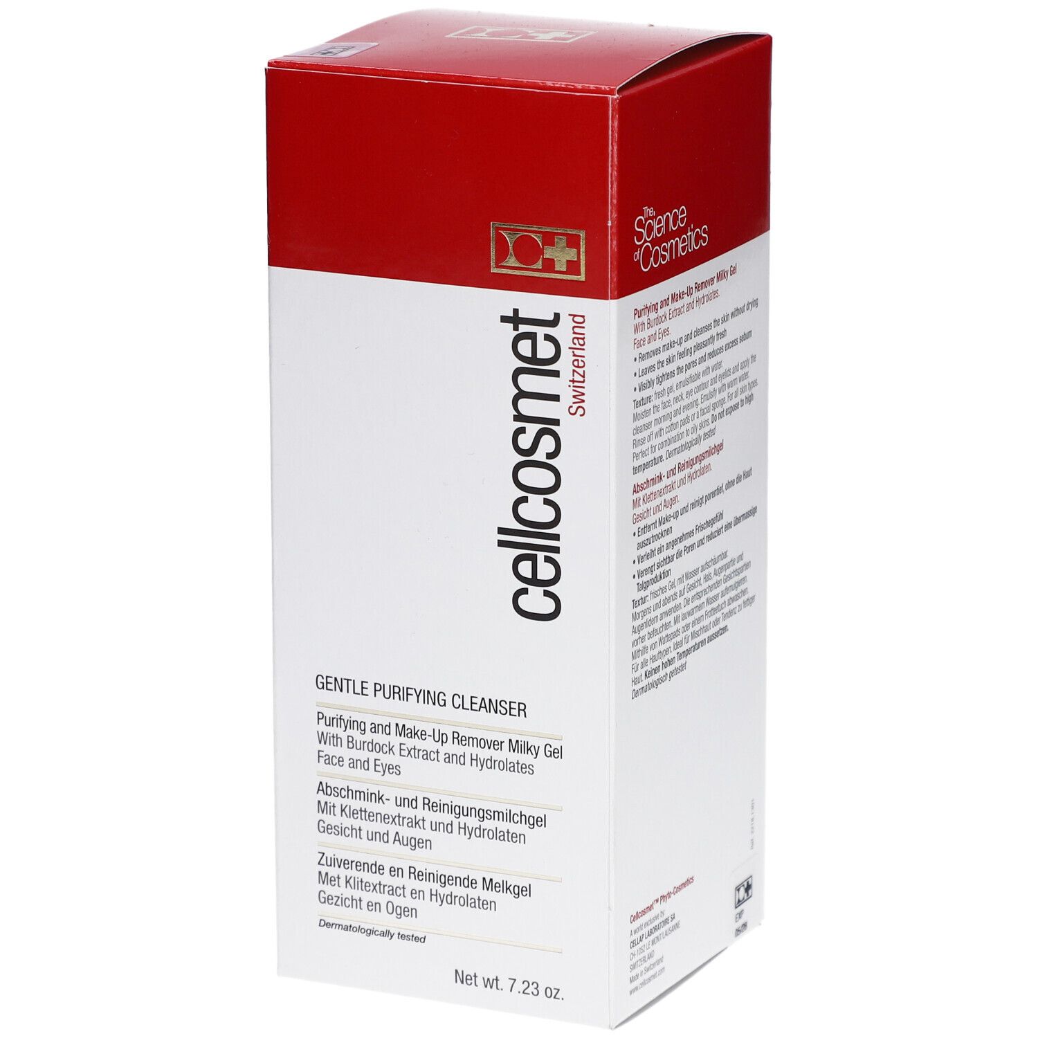 Emballage blanc et rouge avec informations produit. Inscription: cellcosmet, Gentle Purifying Cleanser. Pays d'origine: Suisse.