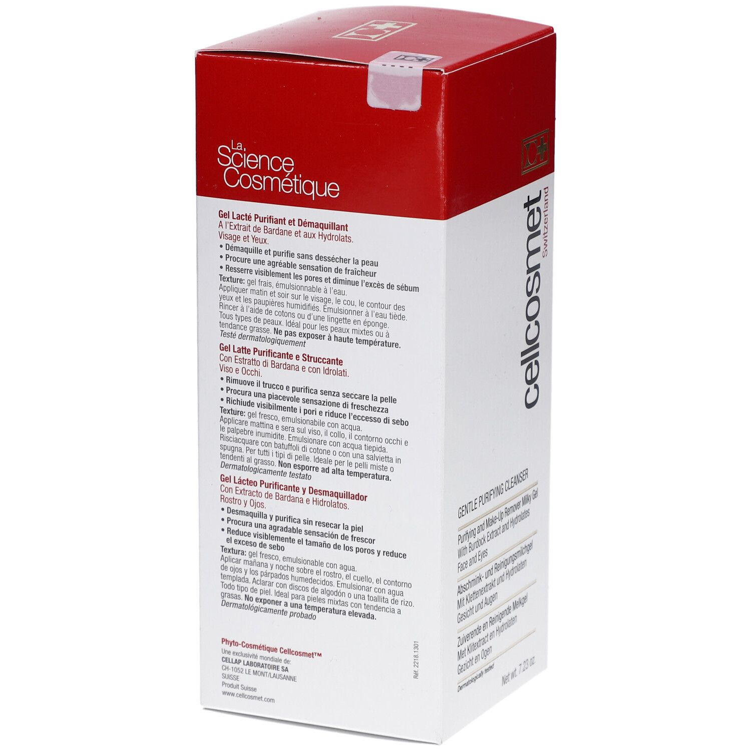 Dos de l'emballage blanc et rouge. Texte multilingue. Inscription: cellcosmet. Pays d'origine: Suisse. Sceau.