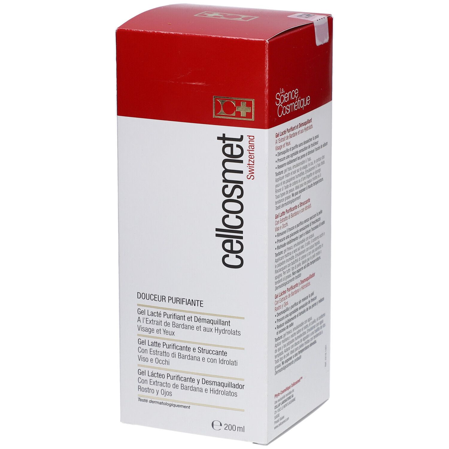 Emballage blanc et rouge avec informations produit. Inscription: cellcosmet, Gentle Purifying Cleanser. Volume: 200ml.