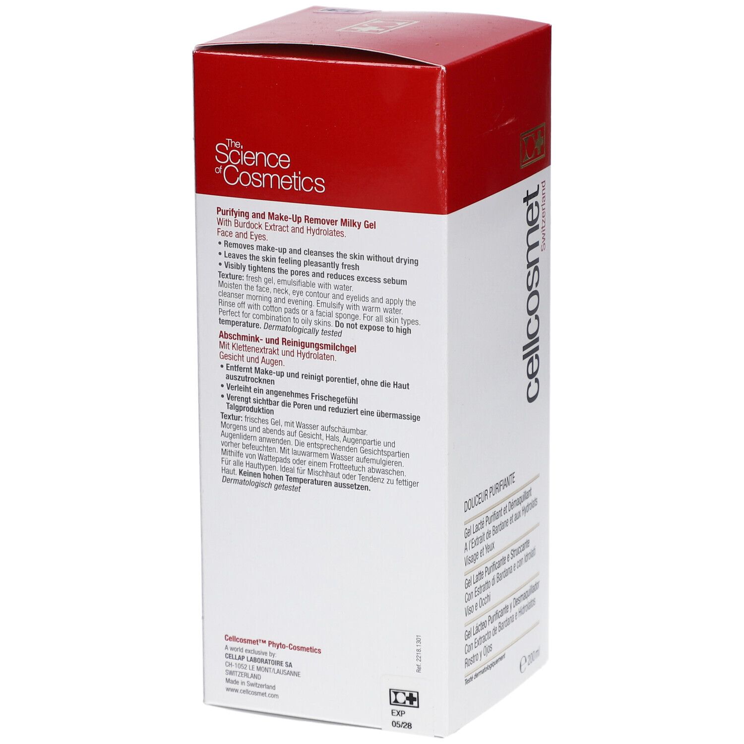 Dos de l'emballage blanc et rouge. Texte multilingue. Inscription: cellcosmet. Pays d'origine: Suisse. Sceau.