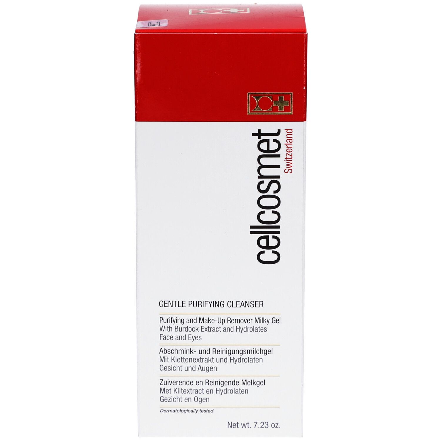 Emballage blanc et rouge avec informations produit. Inscription: cellcosmet, Gentle Purifying Cleanser. Pays d'origine: Suisse.