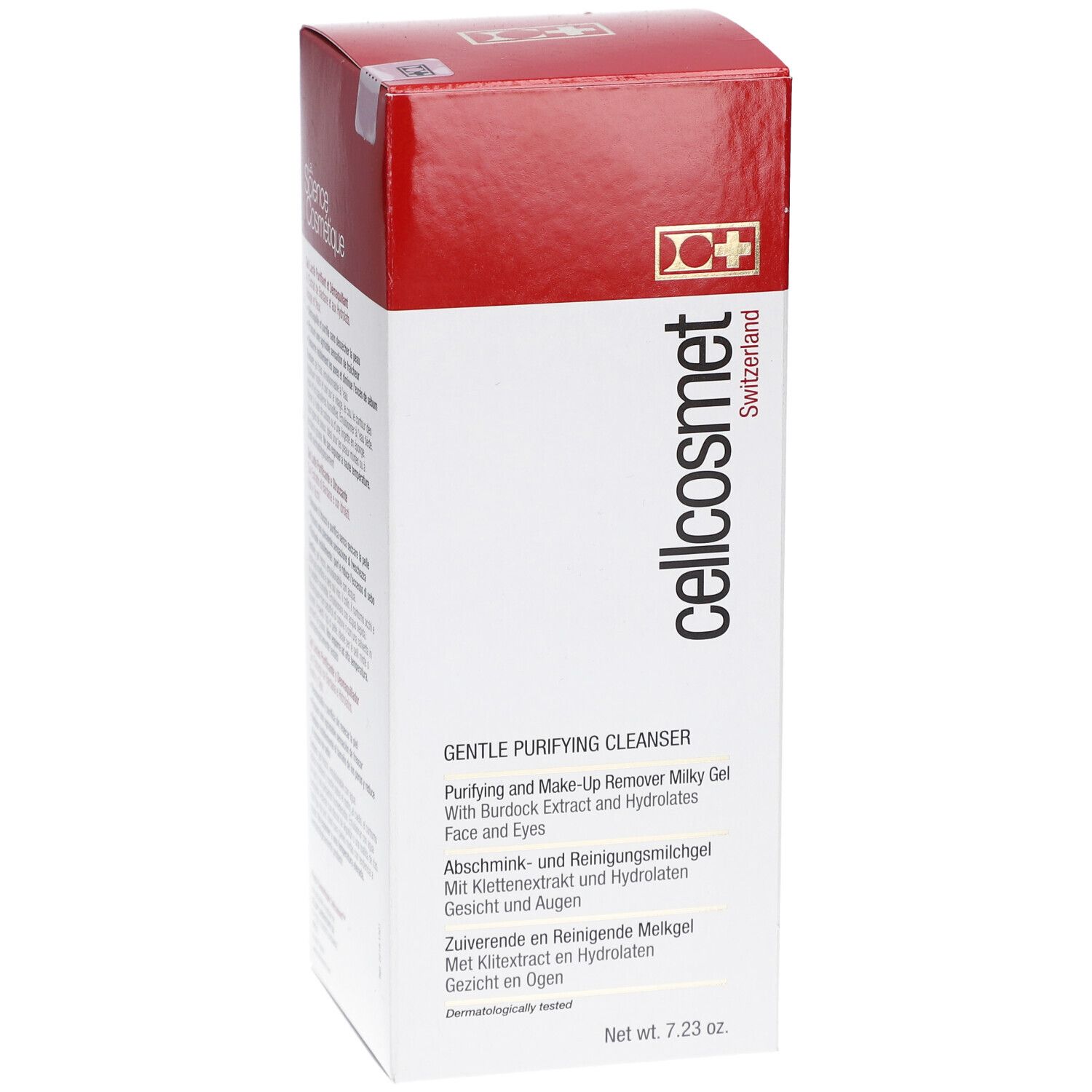 Emballage blanc et rouge avec informations produit. Inscription: cellcosmet, Gentle Purifying Cleanser. Pays d'origine: Suisse.