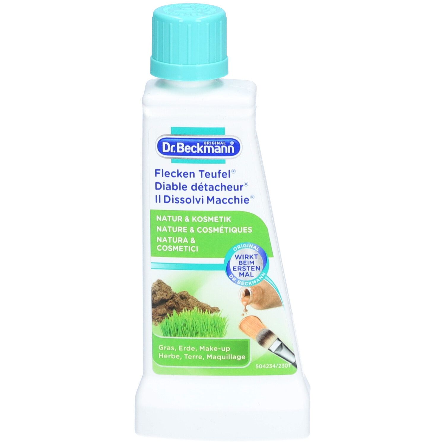 Flacon de détachant avec bouchon bleu. Étiquette avec nom du produit, illustrations et texte. Design vert et blanc.