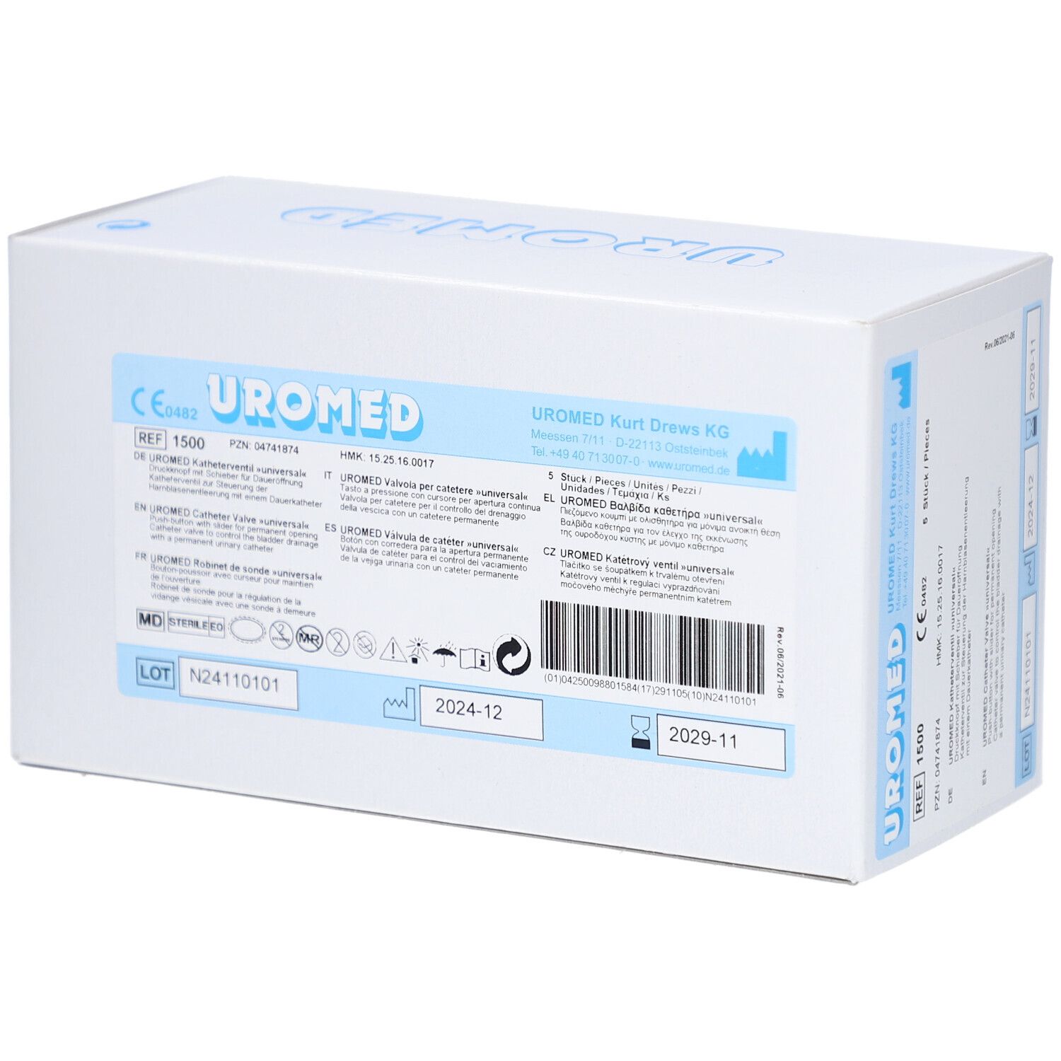 Weiße Kartonverpackung mit blauer Aufschrift UROMED. Enthält Informationen und Symbole. Haltbarkeit bis 2024-12.