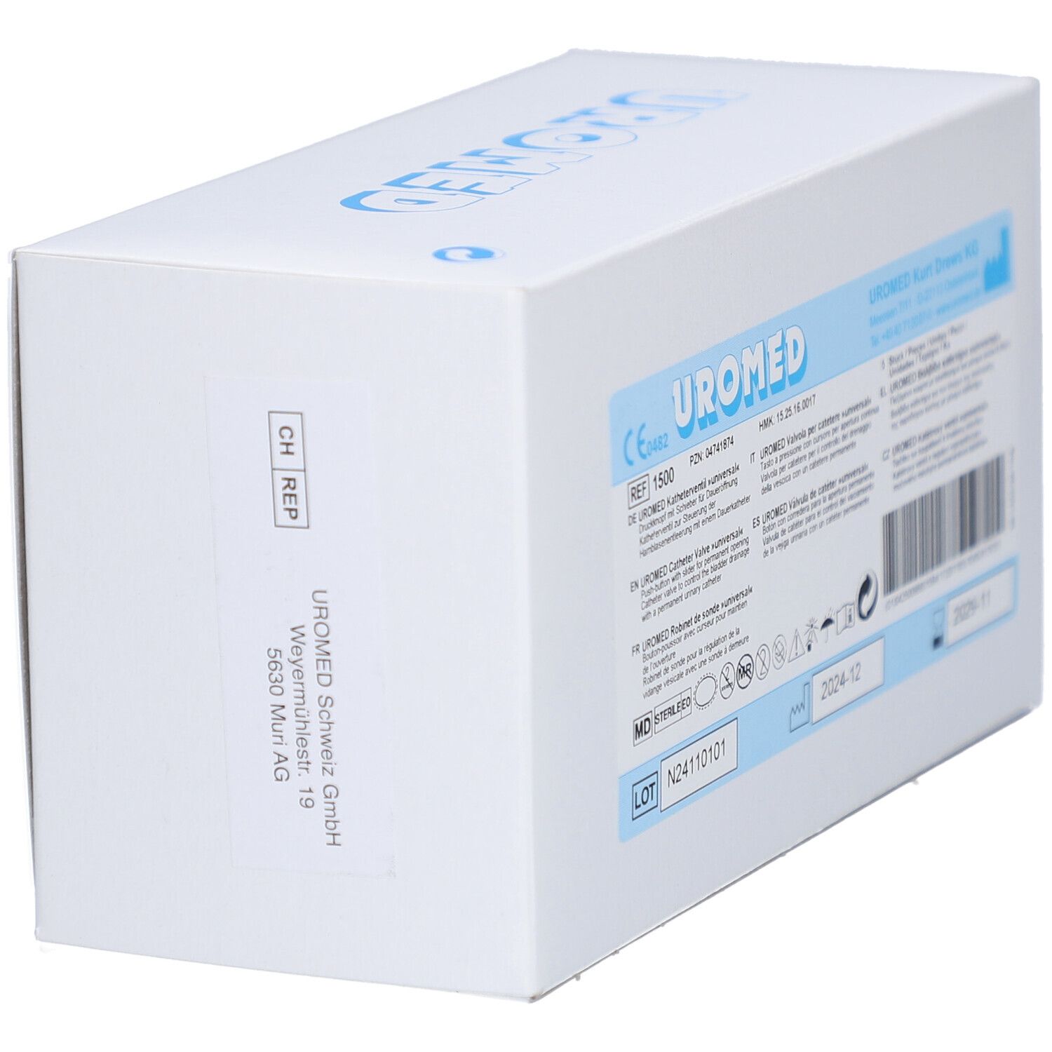Weiße Kartonverpackung mit blauer Aufschrift UROMED. Seitenansicht mit Informationen und Logo. CH REP.