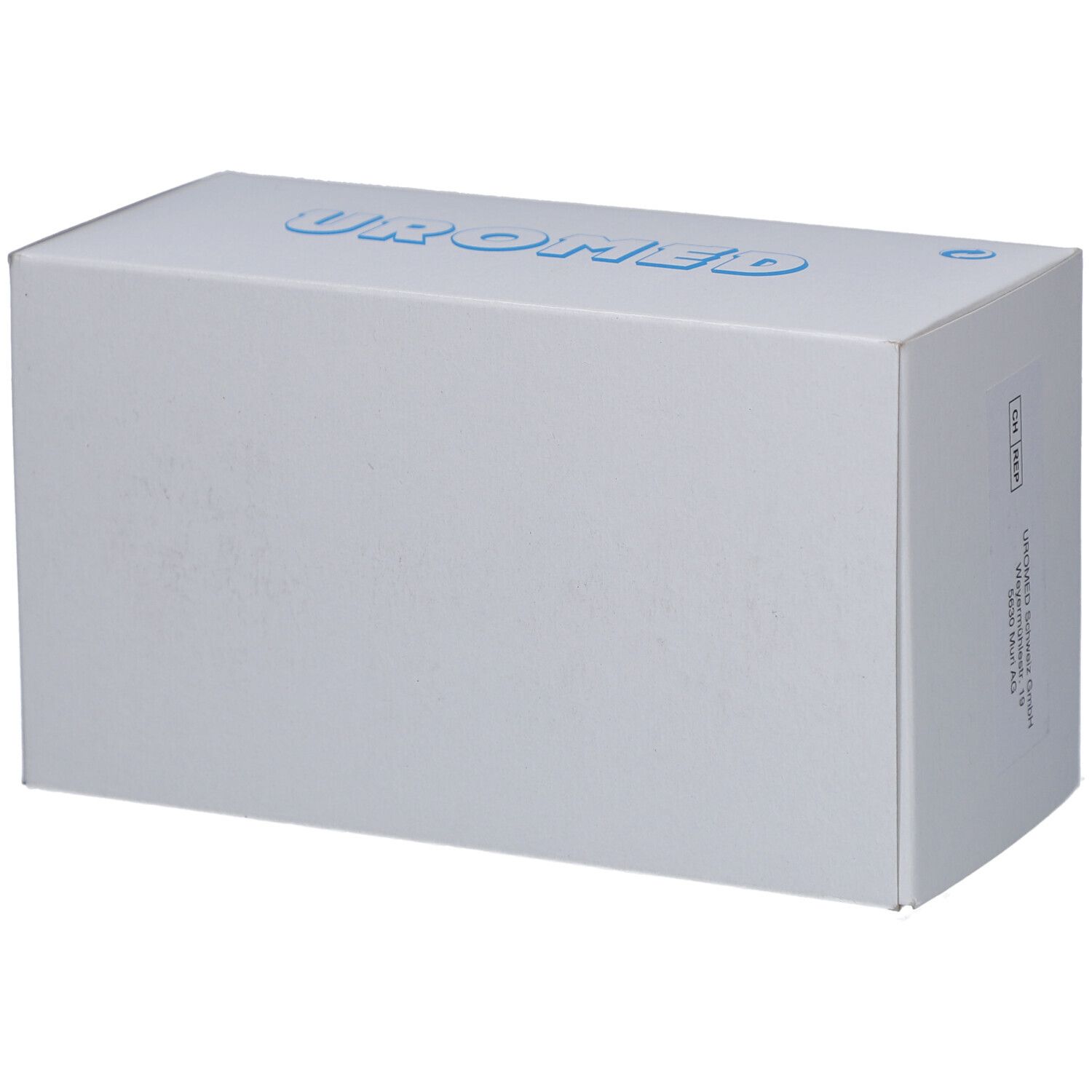 Weiße Kartonverpackung mit blauer Aufschrift UROMED. Perspektivische Ansicht. Nur die Marke UROMED sichtbar.