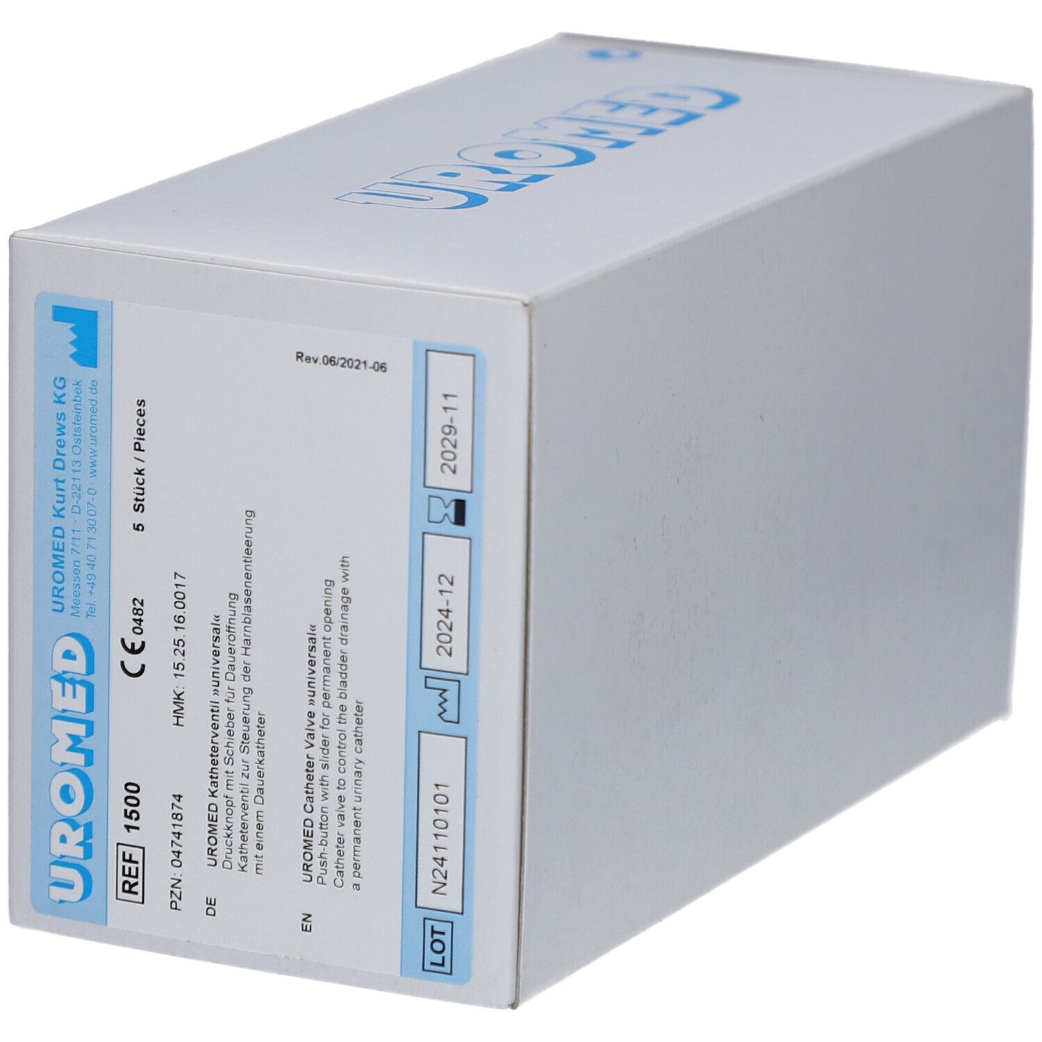 Weiße Kartonverpackung mit blauer Aufschrift UROMED. Enthält Informationen und Symbole. Haltbarkeit bis 2024-12.