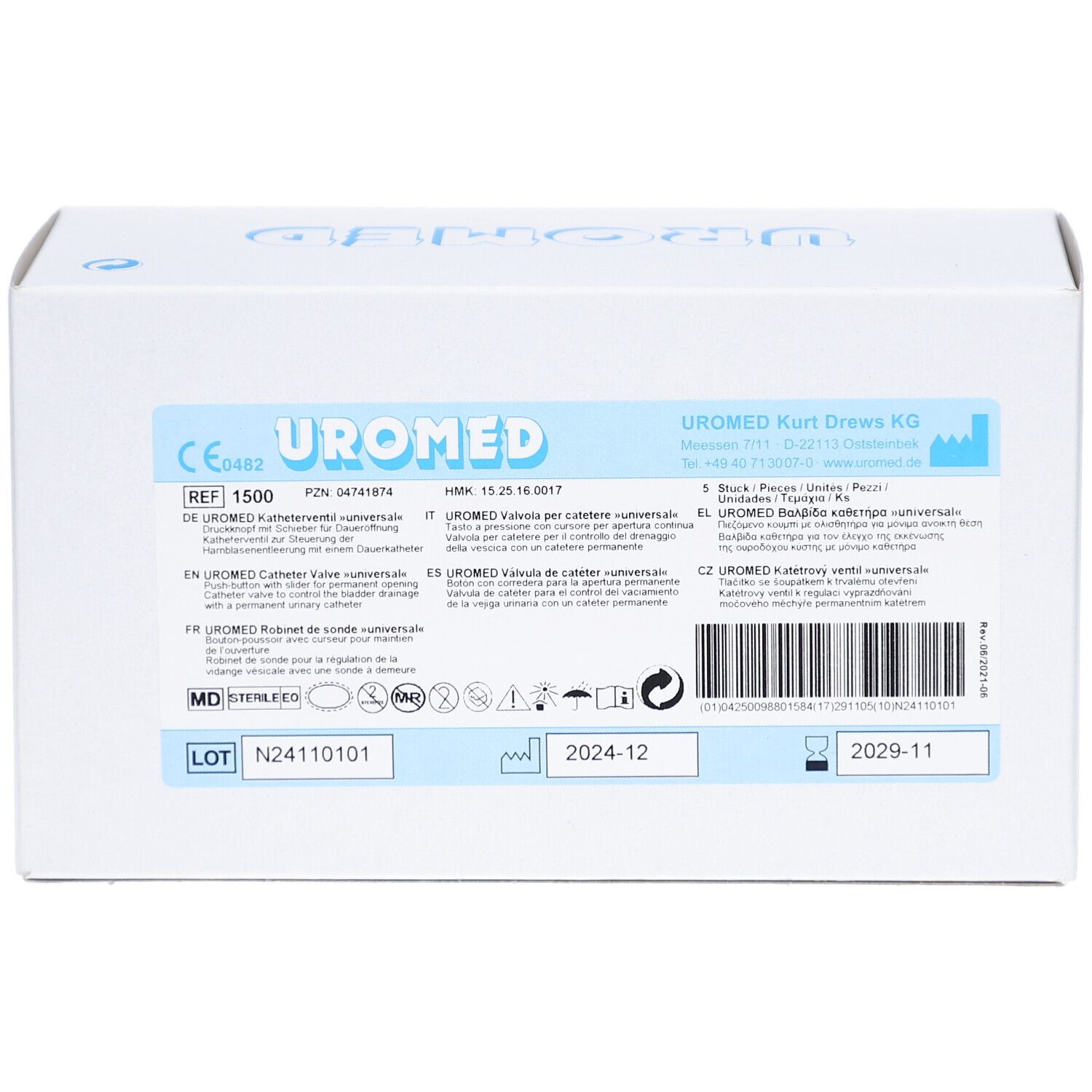 Weiße Kartonverpackung mit blauer Aufschrift UROMED. Enthält Informationen und Symbole. Haltbarkeit bis 2024-12.