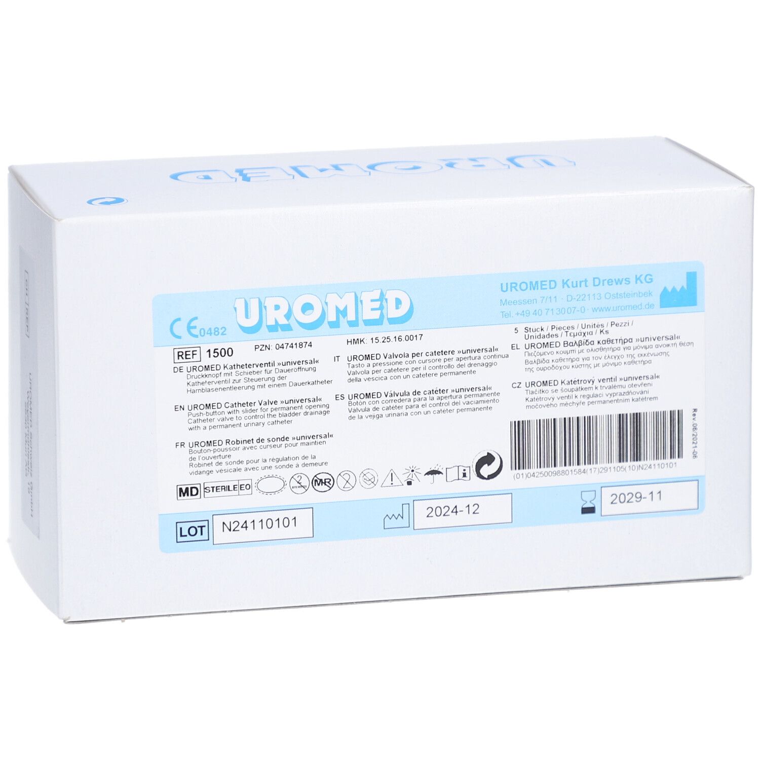 Weiße Kartonverpackung mit blauer Aufschrift UROMED. Enthält Informationen und Symbole. Haltbarkeit bis 2024-12.