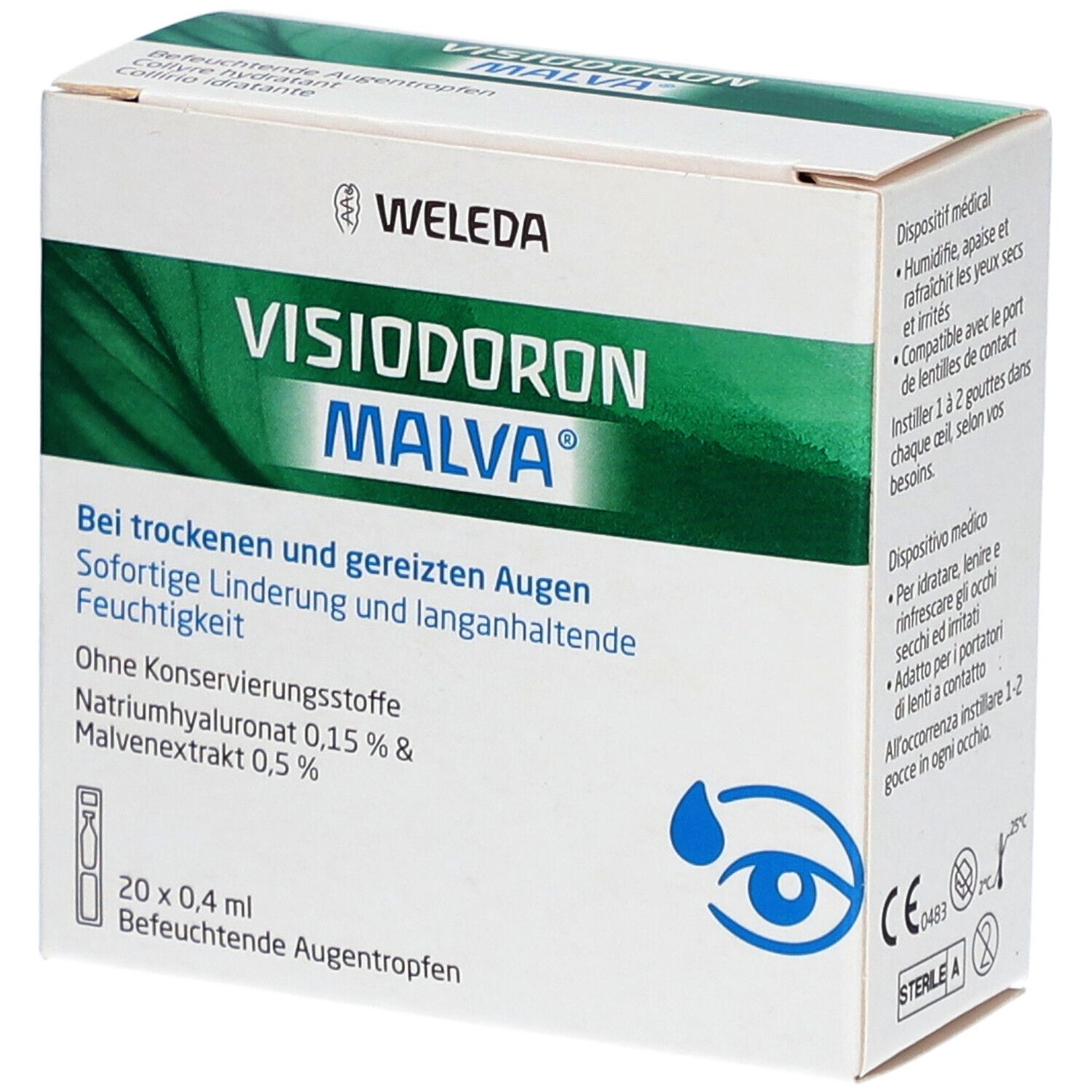 Weleda Visiodoron Malva. Weiße Schachtel mit grünen Akzenten. Text: Visiodoron Malva, 20x0,4 ml, Befeuchtende Augentropfen. Logo: Auge mit Tropfen.