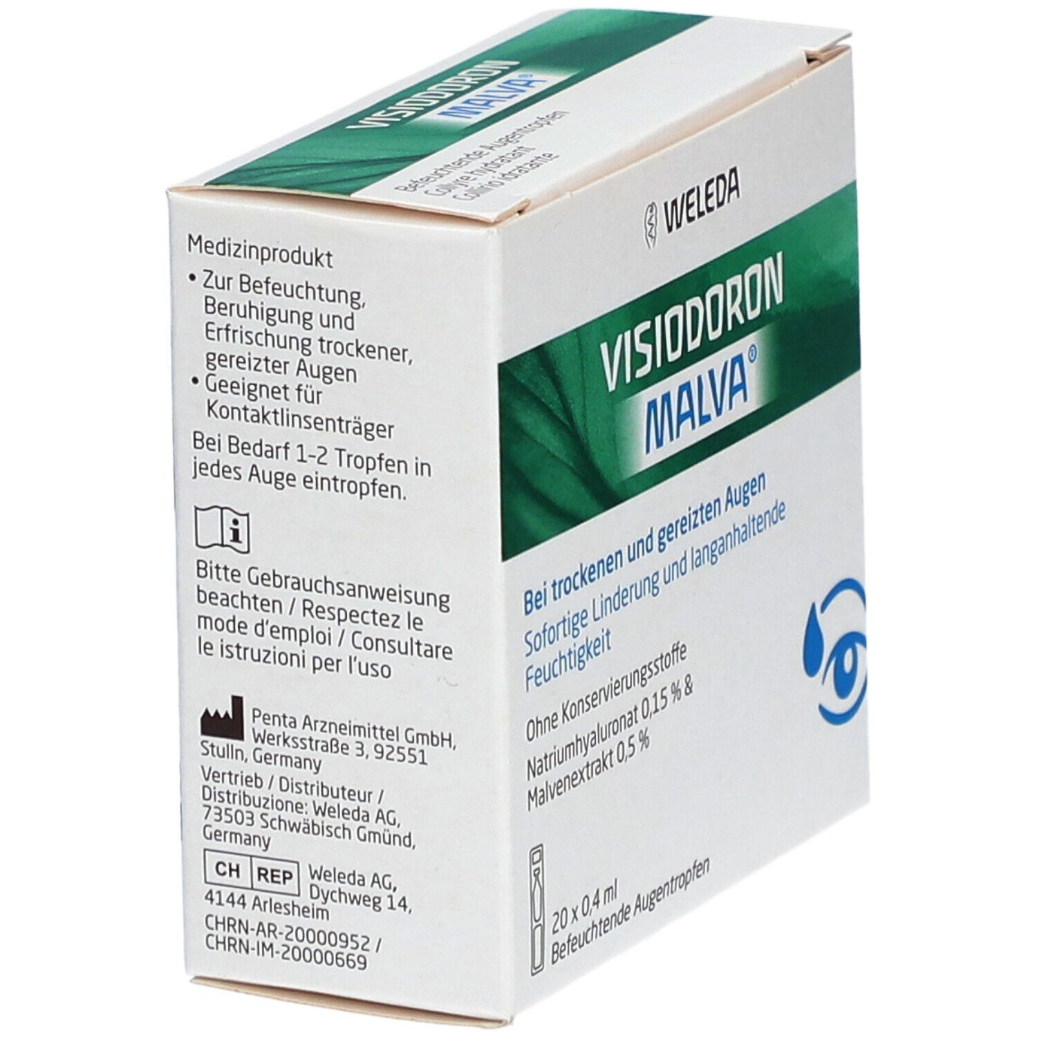 Weleda Visiodoron Malva-Schachtel, schräg. Text: Visiodoron Malva. Aufschrift: Medizinprodukt. Informationen in Deutsch, Französisch, Italienisch.