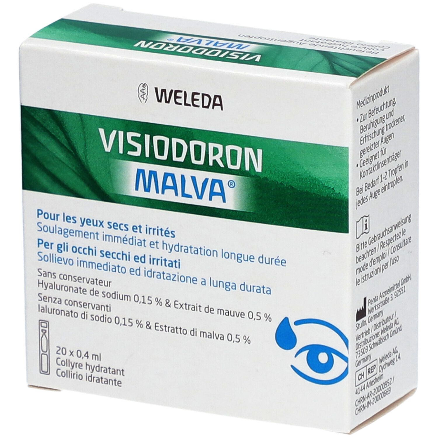 Weleda Visiodoron Malva-Schachtel. Text: Visiodoron Malva, 20x0,4 ml, Collirio idratante. Logo: Auge mit Tropfen. Informationen in Deutsch, Französisch, Italienisch.