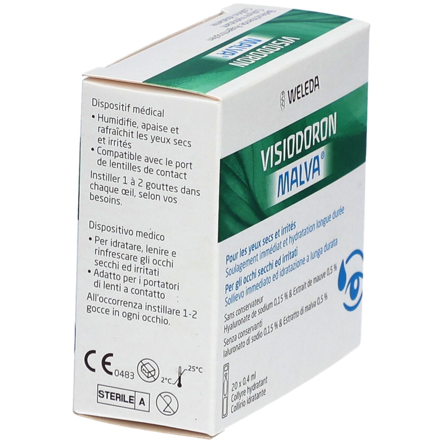 Weleda Visiodoron Malva-Schachtel, schräg. Text: Visiodoron Malva. Aufschrift: Medizinprodukt. Informationen in Deutsch, Französisch, Italienisch.