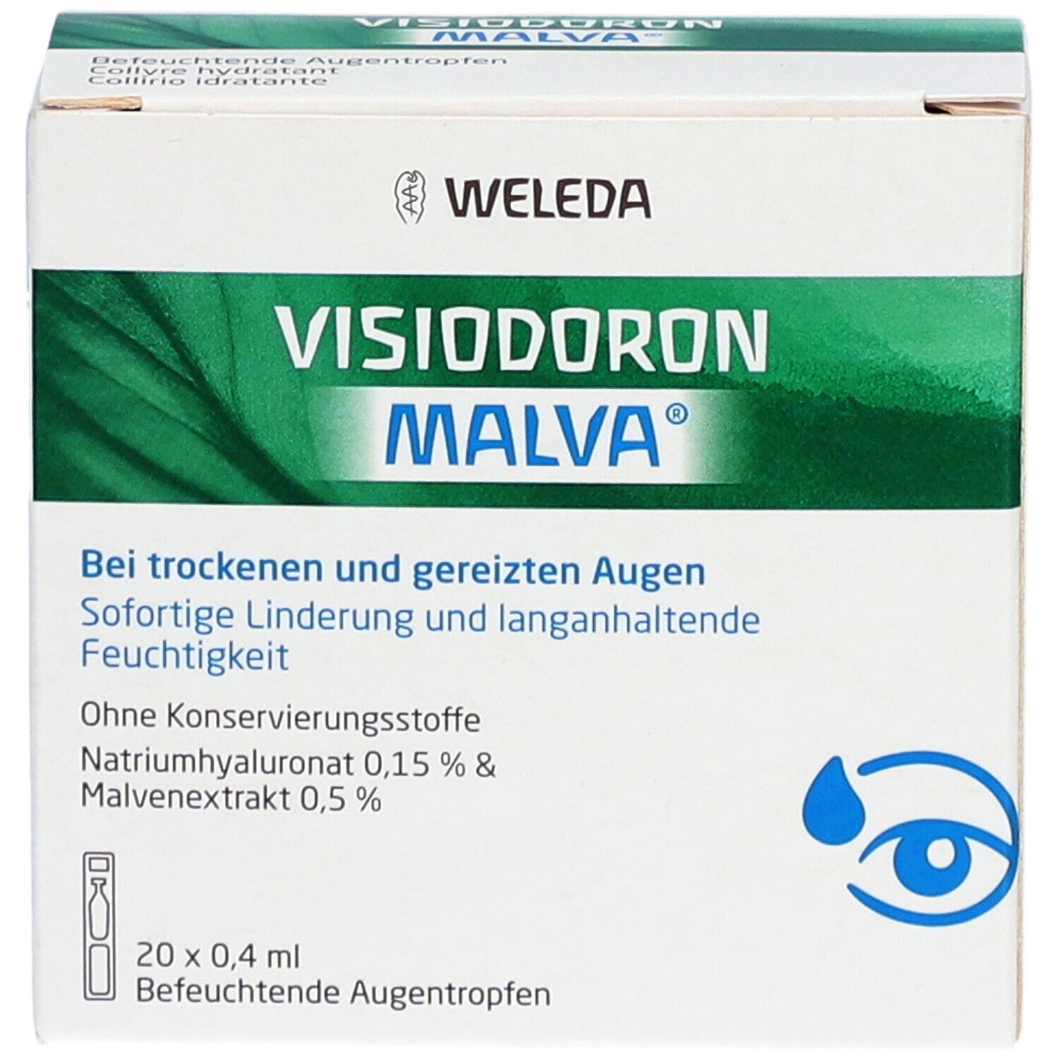 Weleda Visiodoron Malva-Schachtel. Text: Visiodoron Malva, 20x0,4 ml, Befeuchtende Augentropfen. Logo: Auge mit Tropfen. Informationen in Deutsch.