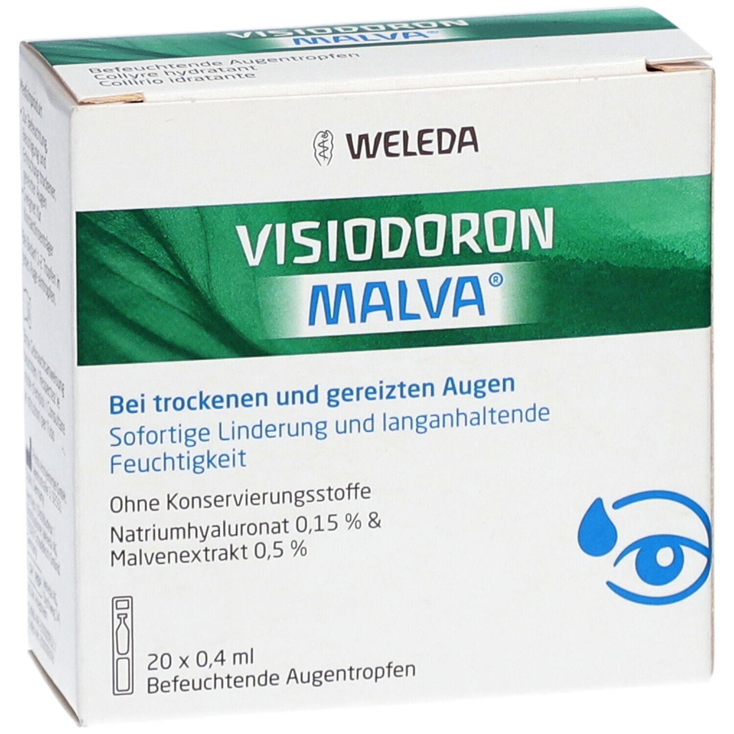 Weleda Visiodoron Malva-Schachtel. Text: Visiodoron Malva, 20x0,4 ml, Befeuchtende Augentropfen. Logo: Auge mit Tropfen. Informationen in Deutsch.