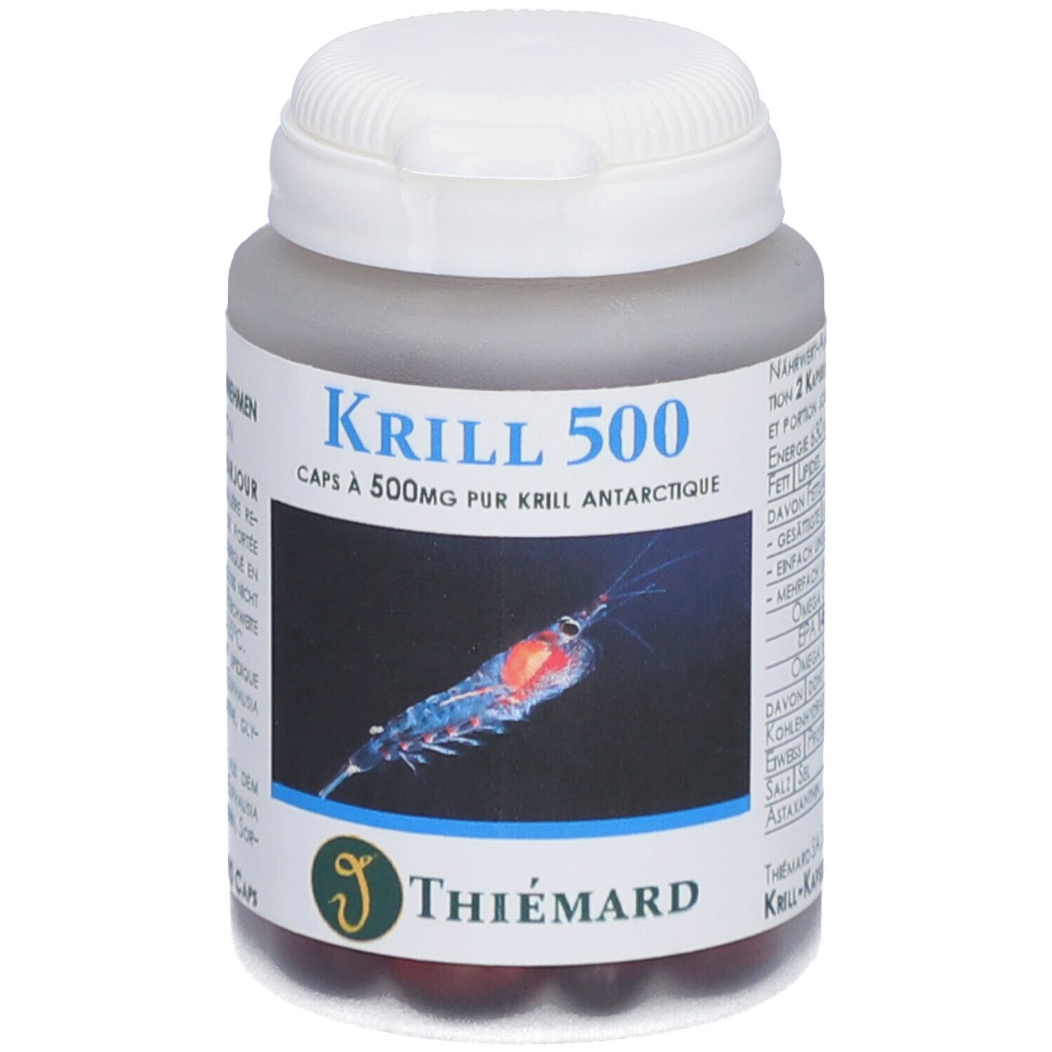 Flacon gris, bouchon blanc. Inscription Krill 500. Image de krill. Marque Thiemard. Capsules visibles.