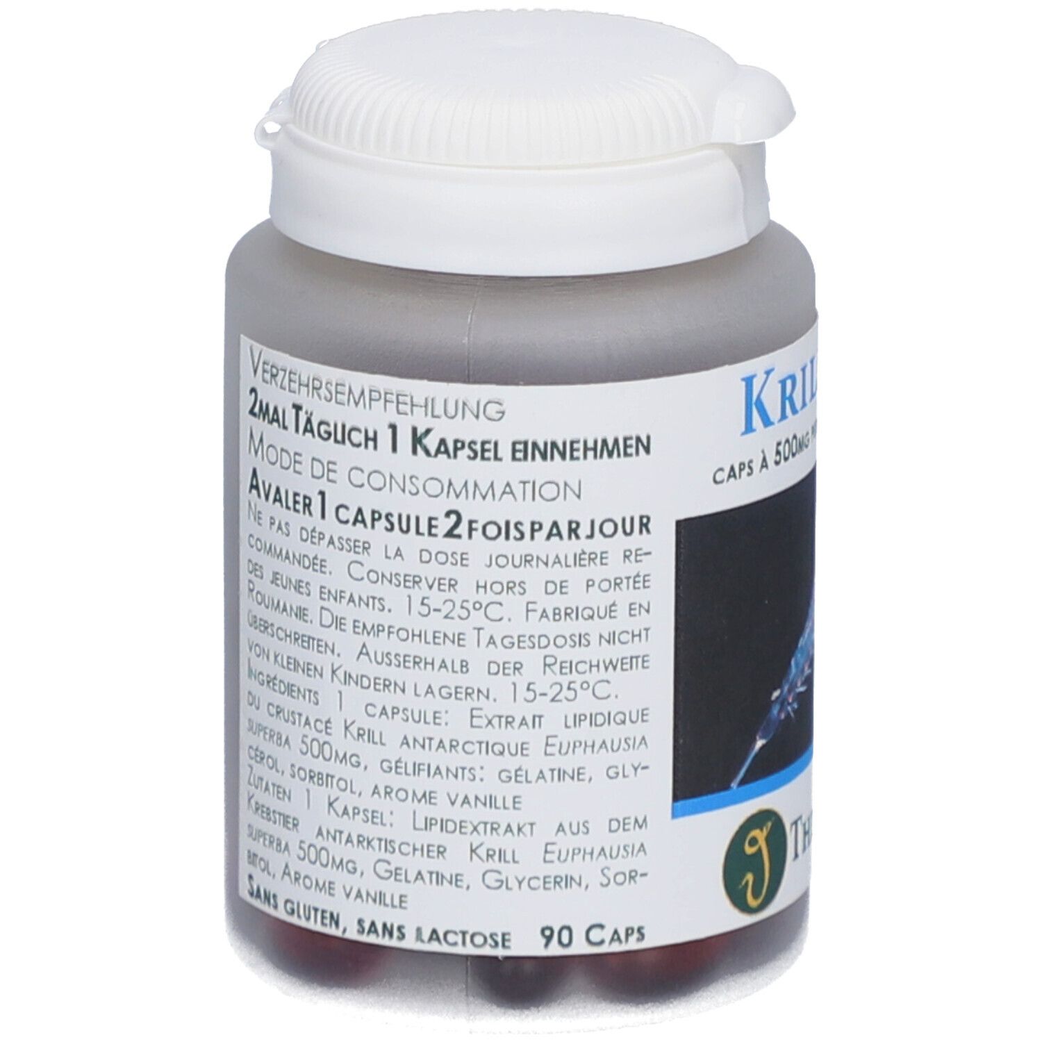 Flacon gris, bouchon blanc. Inscription Krill 500. Texte avec recommandations. Marque Thiemard. 90 capsules.