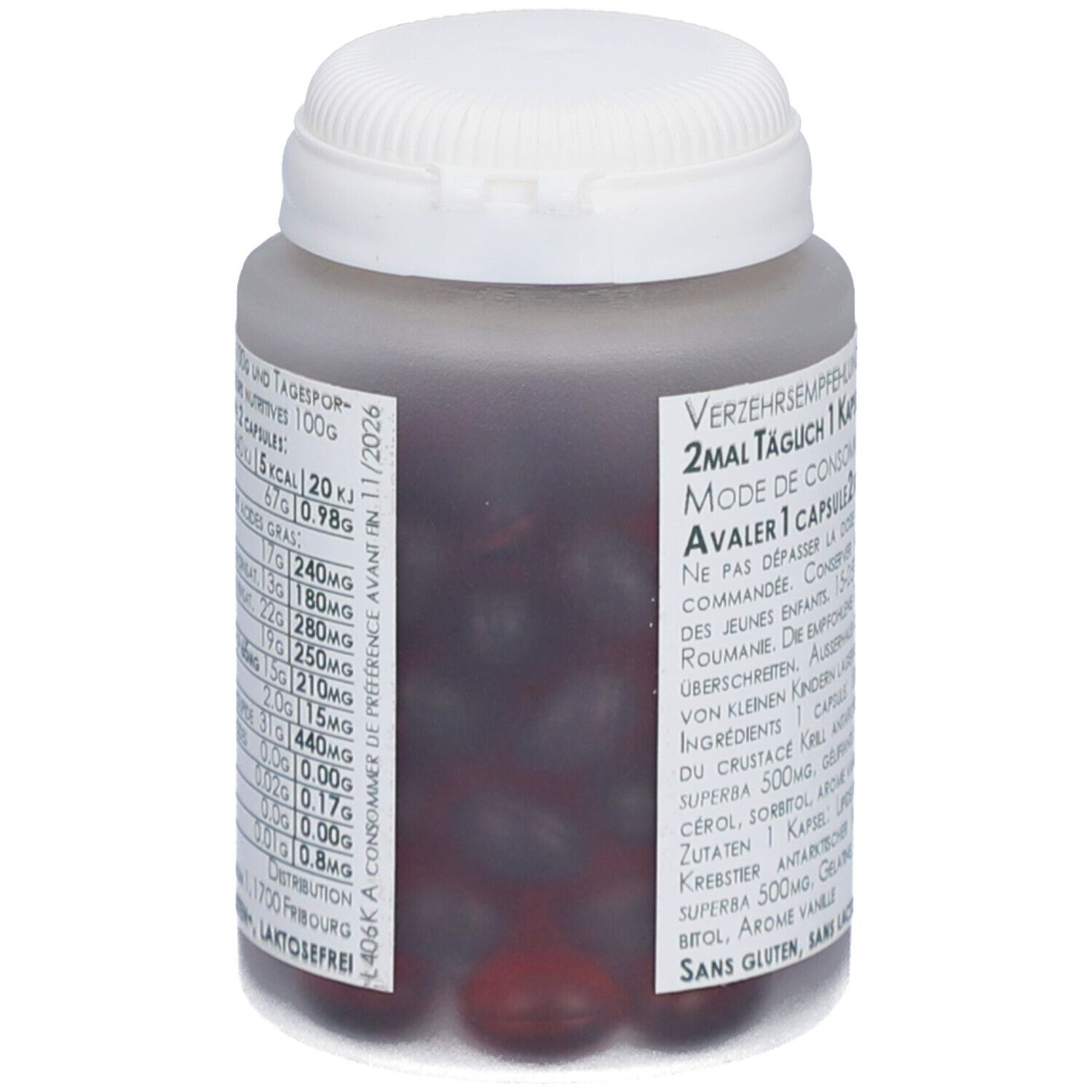 Flacon gris, bouchon blanc. Dos avec informations nutritionnelles. Capsules visibles. Date limite: 11/2026.