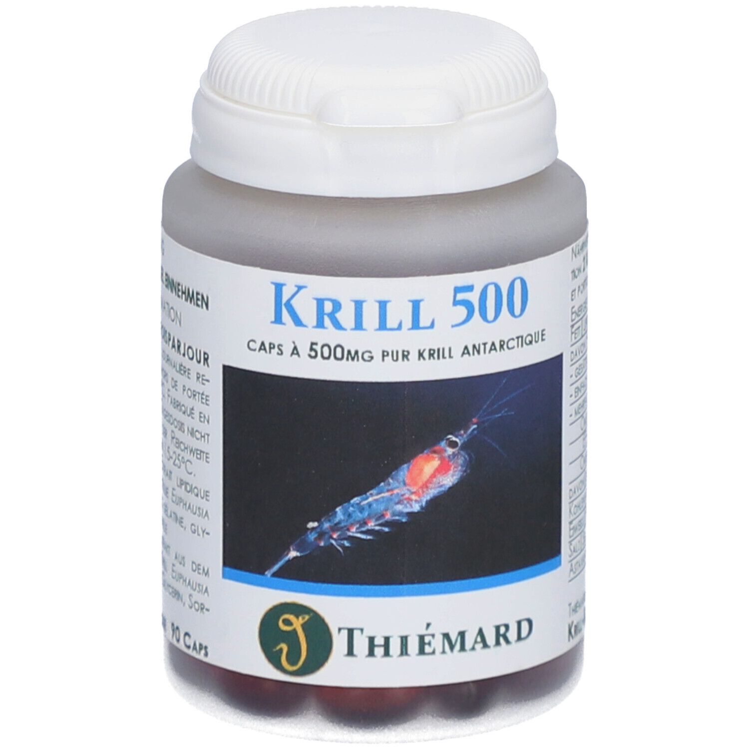 Flacon gris, bouchon blanc. Inscription Krill 500. Image de krill. Marque Thiemard. Capsules visibles.