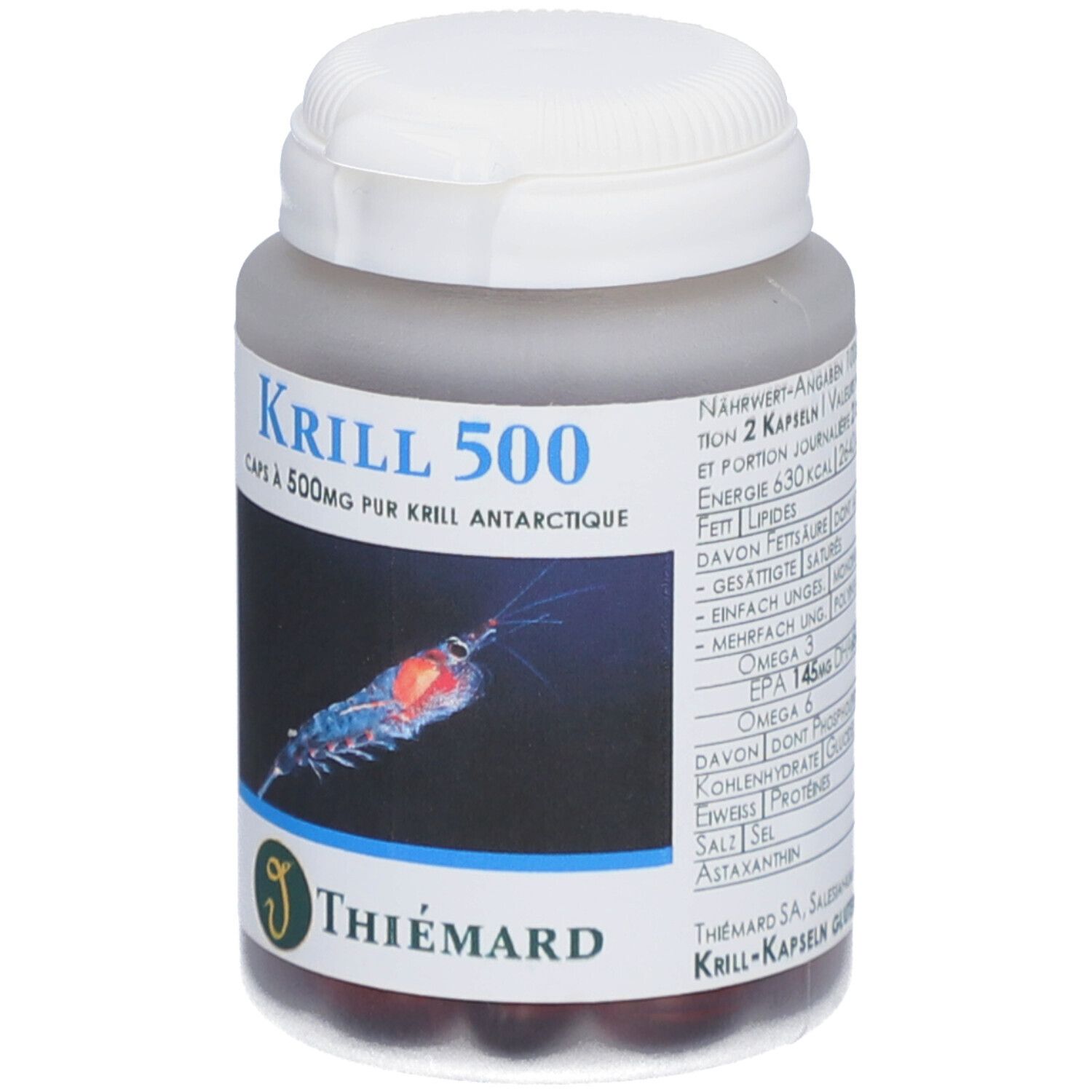 Flacon gris, bouchon blanc. Inscription Krill 500. Image de krill. Marque Thiemard. Capsules visibles.