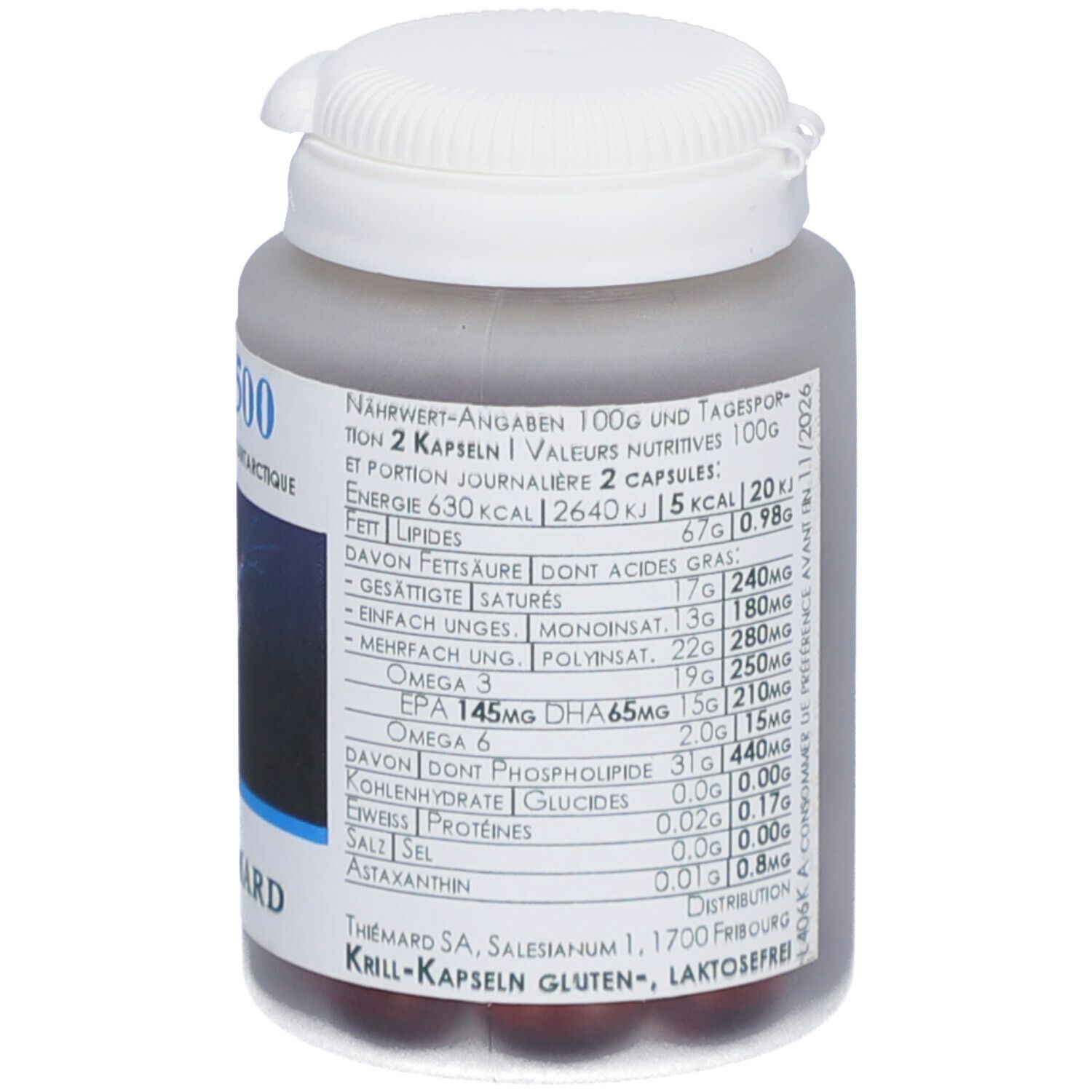 Flacon gris, bouchon blanc. Dos avec informations nutritionnelles. Capsules visibles. Sans gluten et lactose.