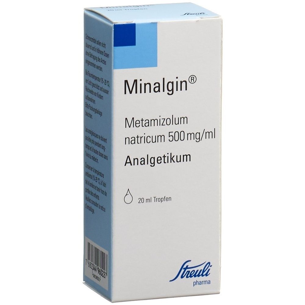 Kartonverpackung mit blauer und weißer Beschriftung. Aufschrift: Minalgin, Tropfen. Herstellerlogo unten rechts.