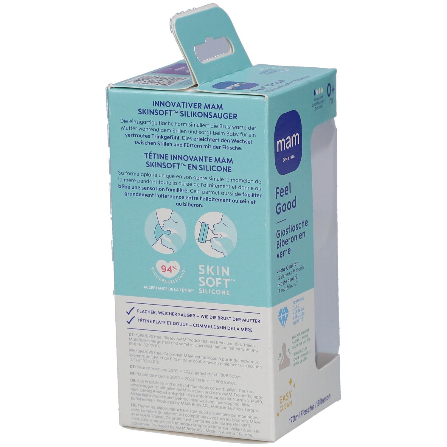 Emballage du biberon. Texte sur la forme de la tétine et le matériau. Logo et nom du produit sur l'emballage.