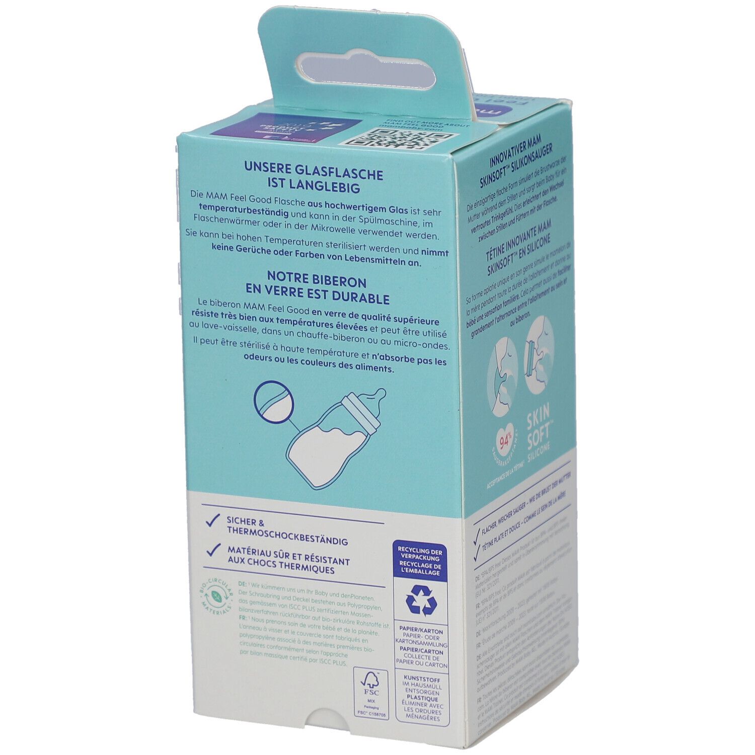 Dos de l'emballage du biberon. Texte sur la durabilité et la résistance à la chaleur. Symboles de recyclage.