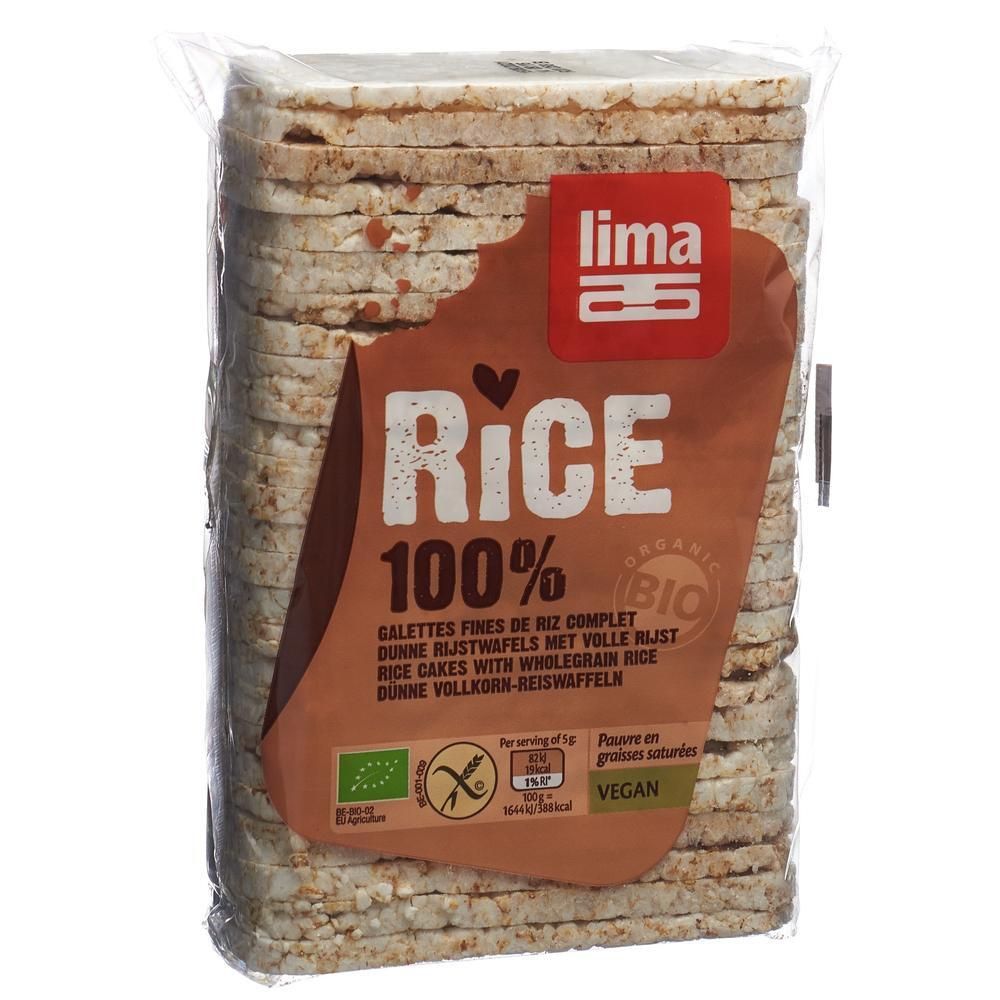 Paquet de galettes de riz. Inscription: LIMA, Rice 100%, label bio, vegan. Galettes fines et rondes en sachet.