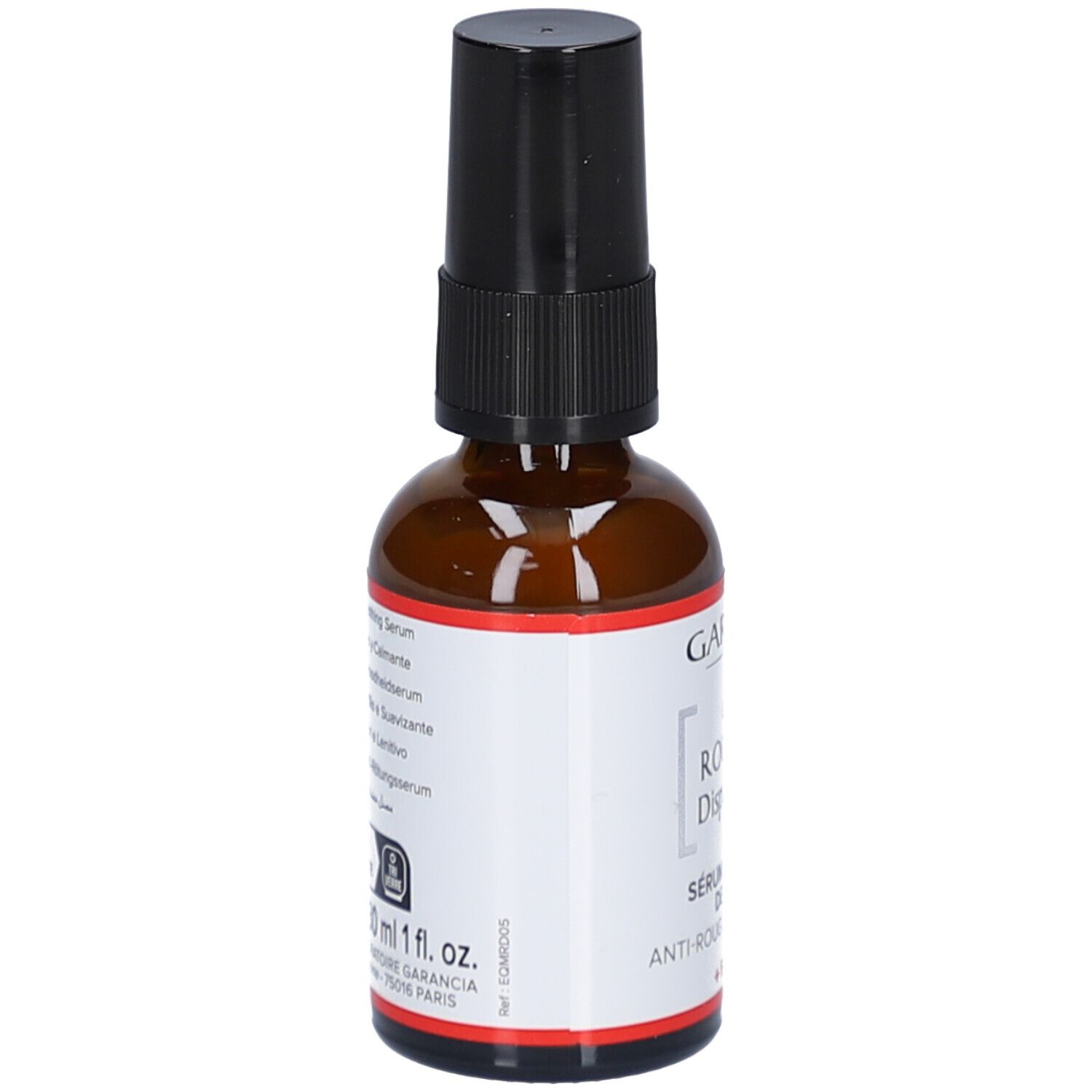 Dos du flacon en verre brun. Texte multilingue. 30 ml, 1 fl. oz. Symbole flacon et pipette.