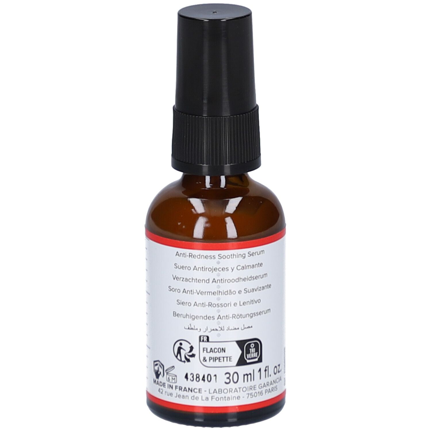 Dos du flacon en verre brun. Texte multilingue. Symbole flacon et pipette. 30 ml, 1 fl. oz.