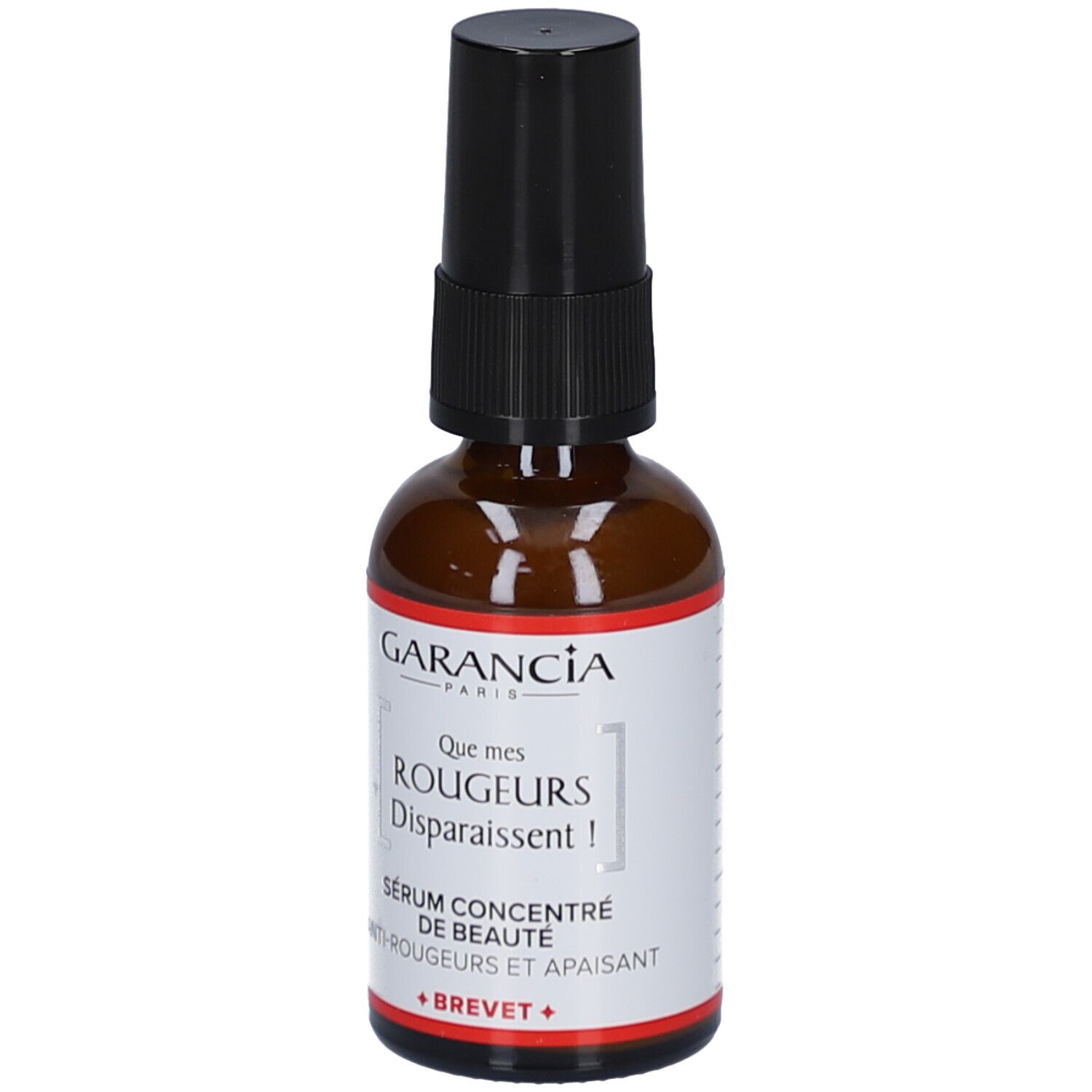 Flacon en verre brun avec bouchon noir. Étiquette blanche avec texte rouge: GARANCIA, Que mes Rougeurs Disparaissent!