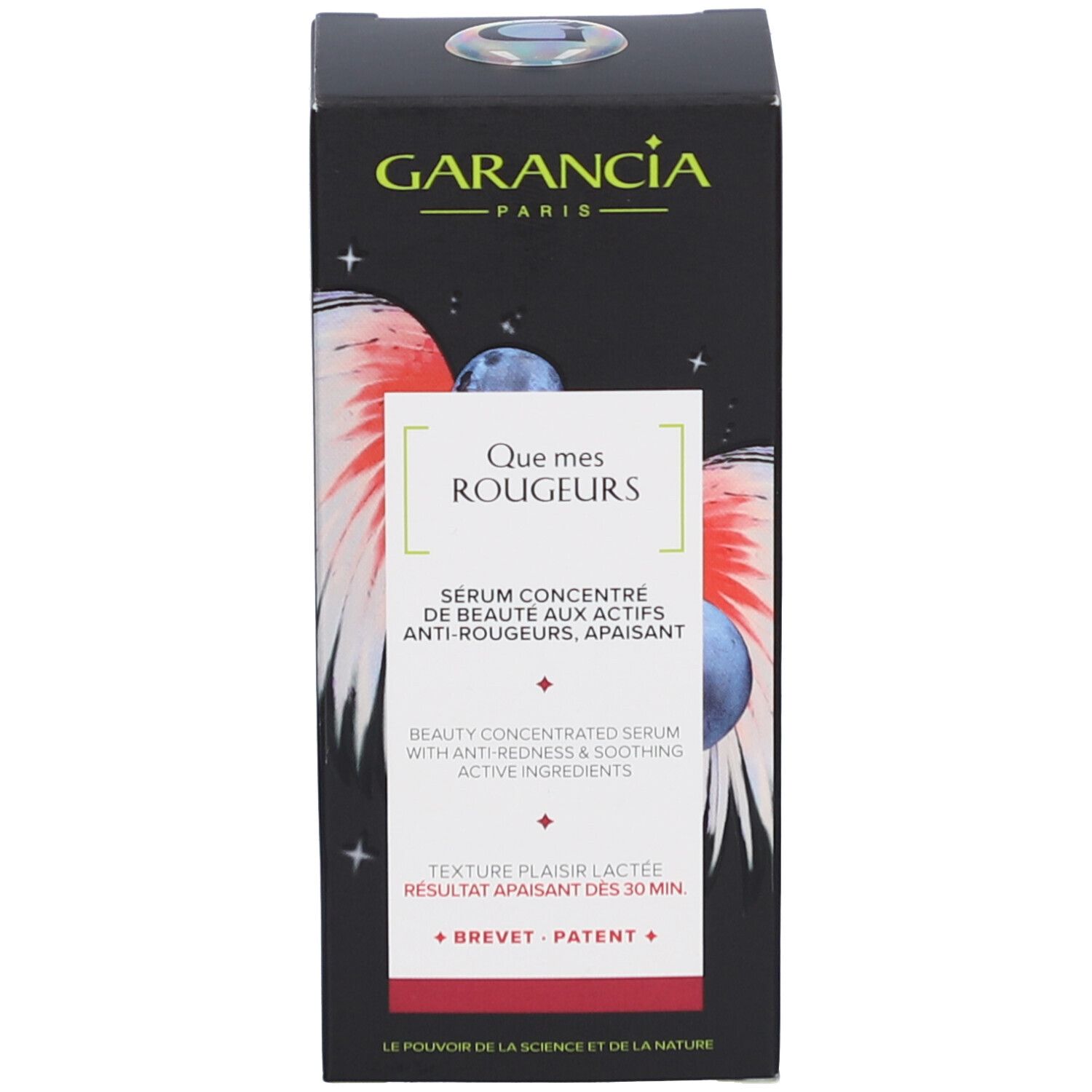 Emballage du produit. Boîte noire avec illustration du produit. Texte: GARANCIA, Que mes Rougeurs, Sérum.