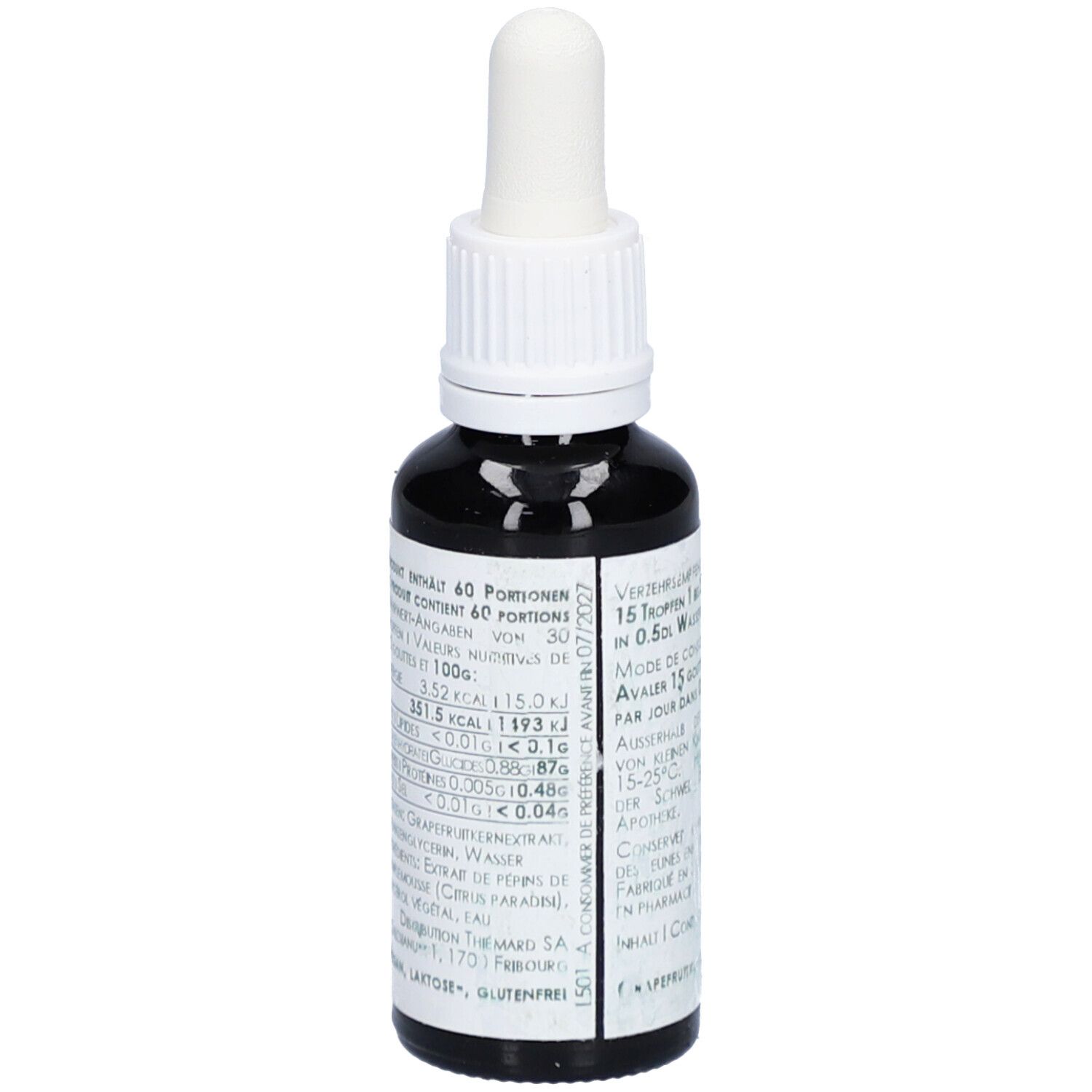 Braunglasflasche mit Pipette. Aufschrift Grapax 99%, Extrakt aus Grapefruitkernen. Vegan, laktosefrei, glutenfrei. THIÉMARD Logo.