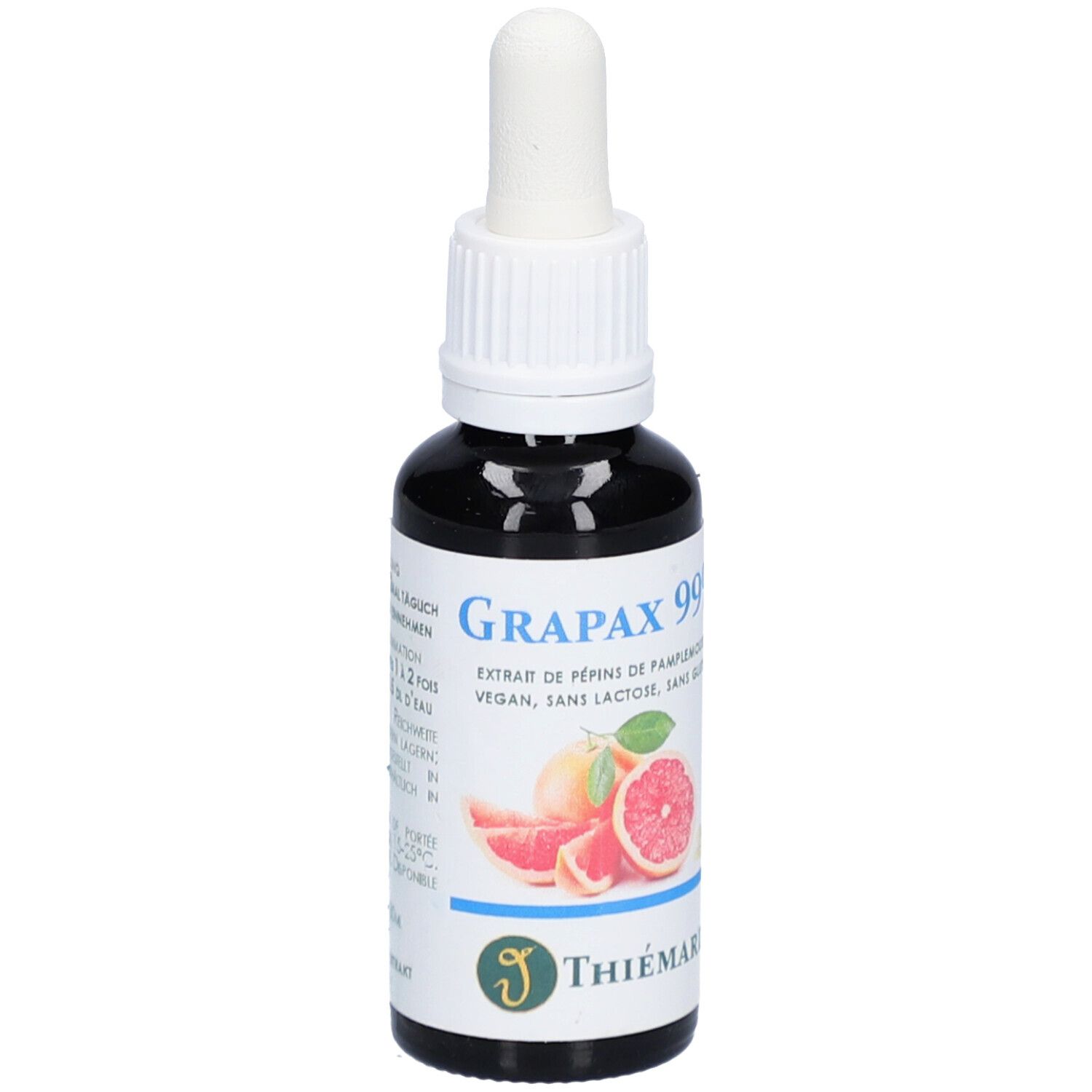 Braunglasflasche mit Pipette. Aufschrift Grapax 99%, Extrakt aus Grapefruitkernen. Vegan, laktosefrei, glutenfrei. THIÉMARD Logo.