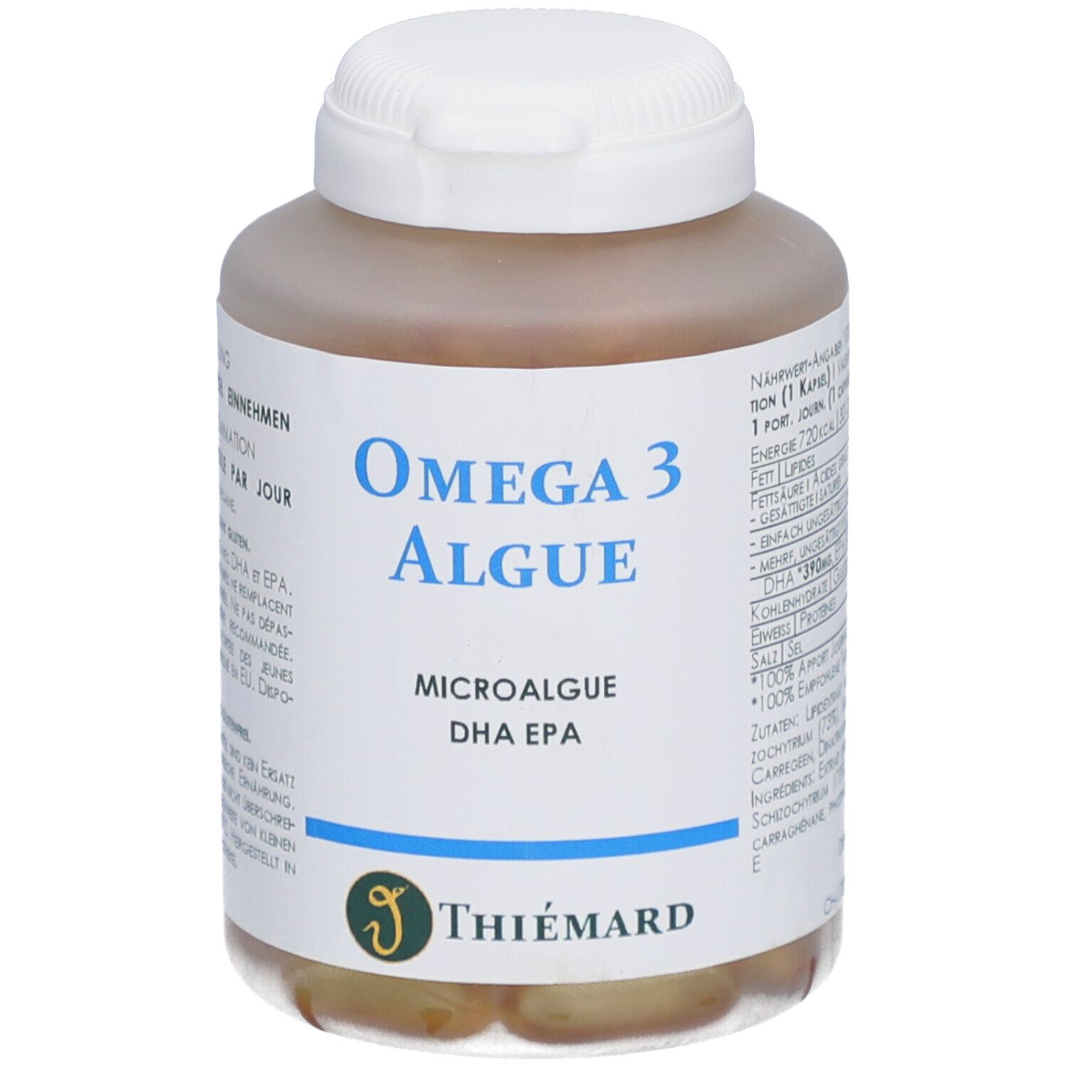 Braune Kapseln in einer weißen Flasche mit blauem Etikett. Auf dem Etikett steht "Omega 3 Algue" und "Thiemard".