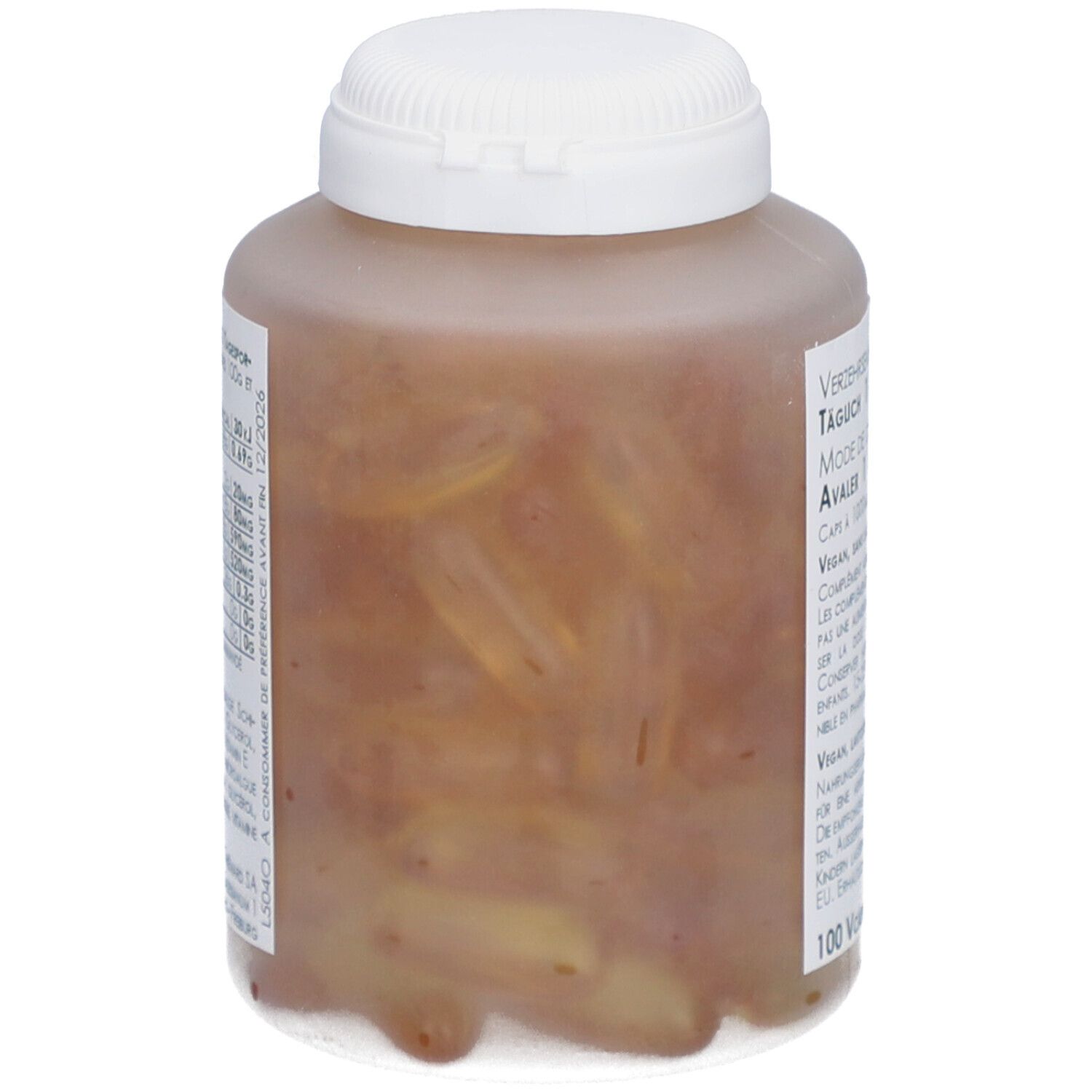 Durchsichtige Flasche mit braunen Kapseln. Auf dem Etikett stehen Informationen.