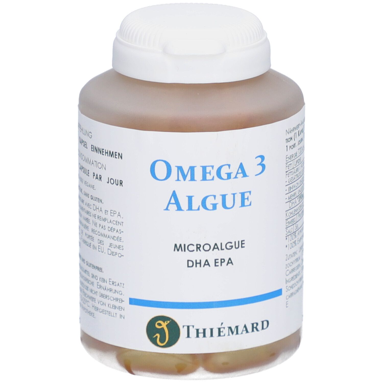 Weiße Flasche mit blauem Etikett. Auf dem Etikett steht "Omega 3 Algue" und "Thiemard".