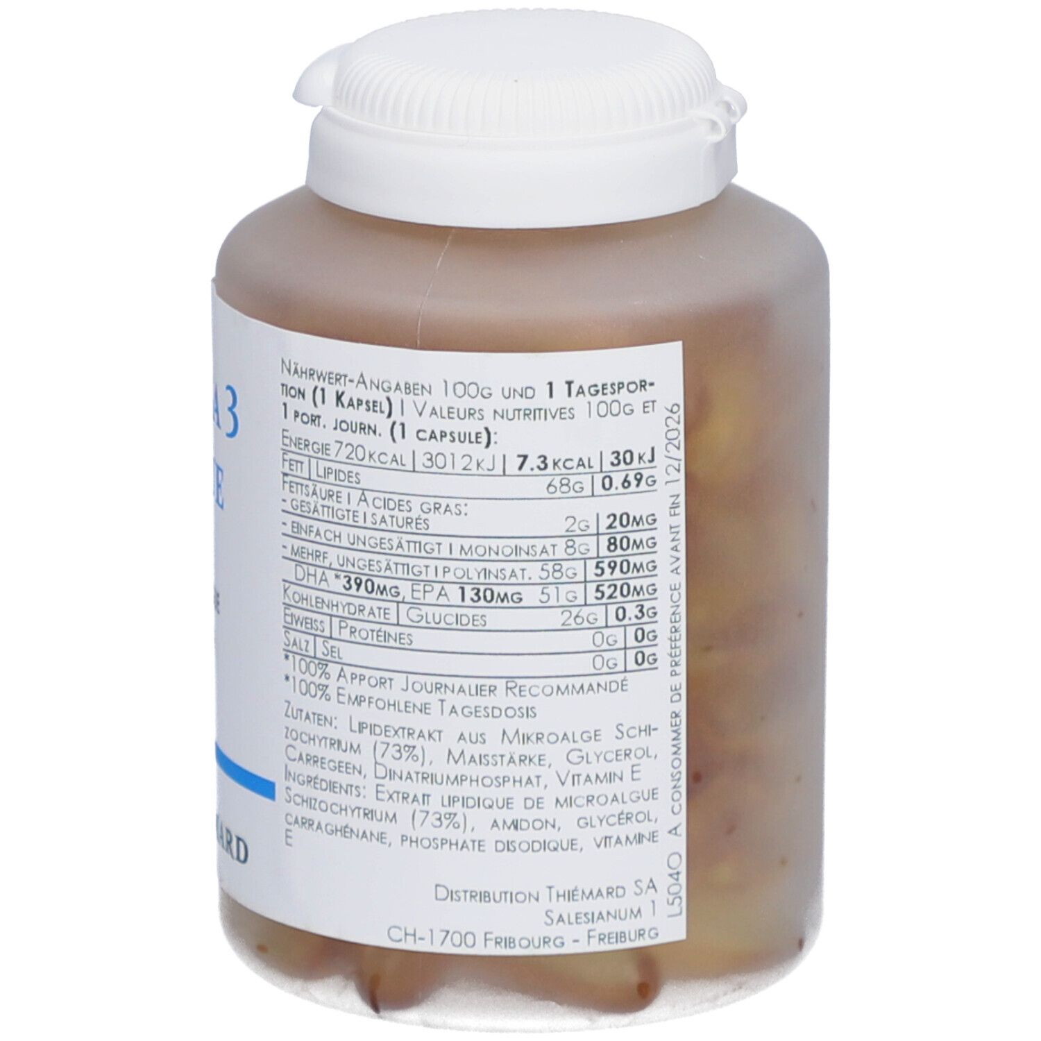 Rückansicht der Flasche mit Nährwertangaben und Inhaltsstoffen. Das Etikett ist weiß.